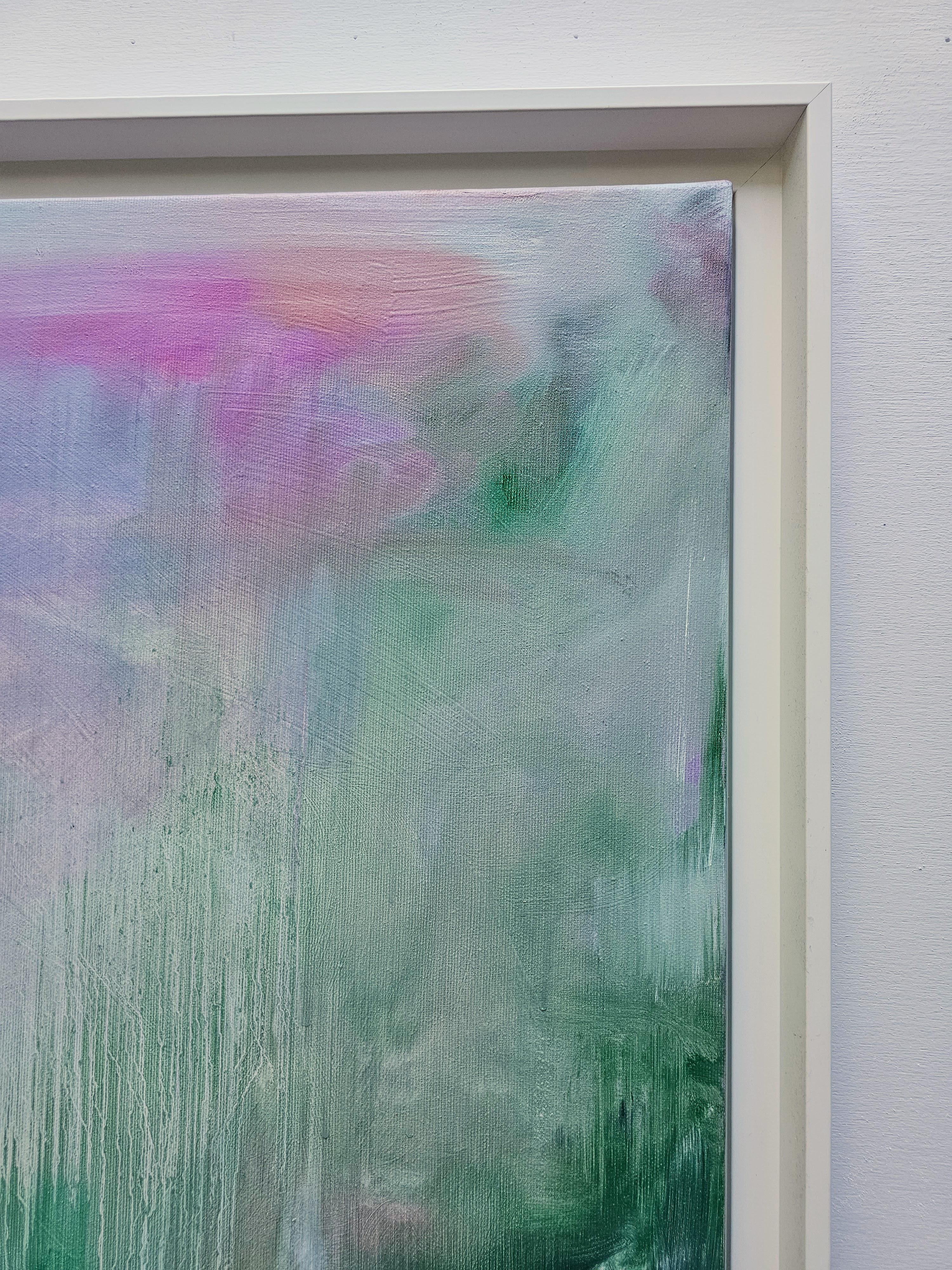 Can I come home for the summer? - Large soft green abstract landscape painting For Sale 8