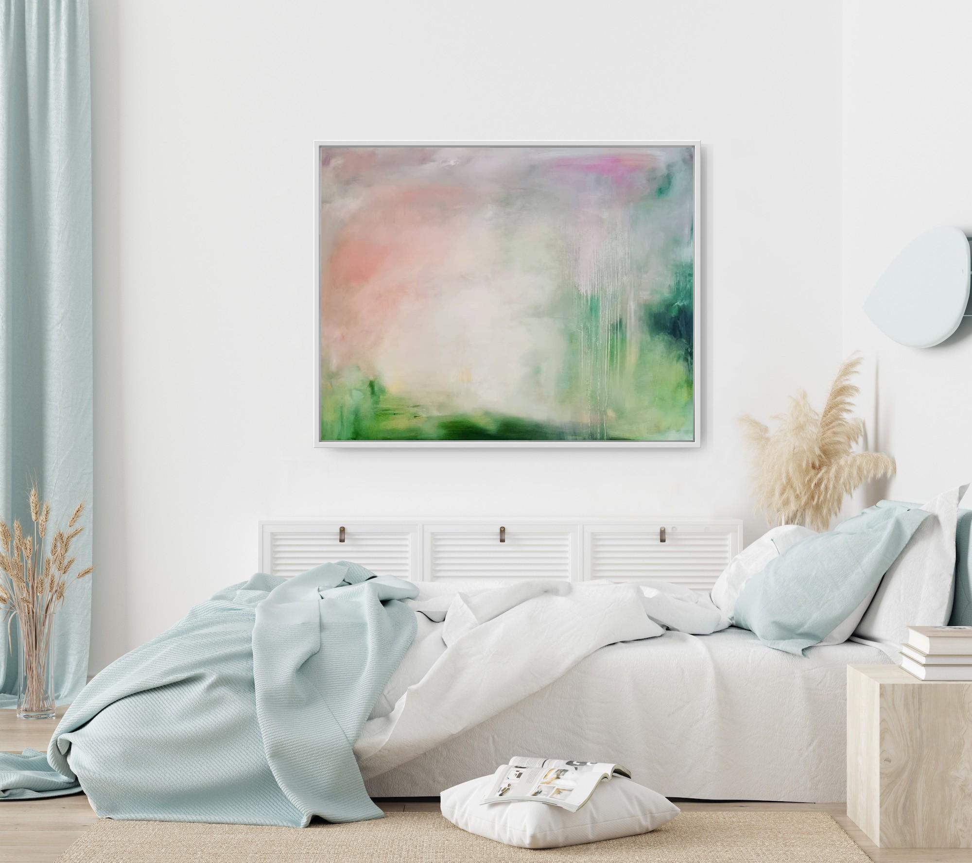 Can I come home for the summer? - Large soft green abstract landscape painting - Painting by Jennifer L. Baker