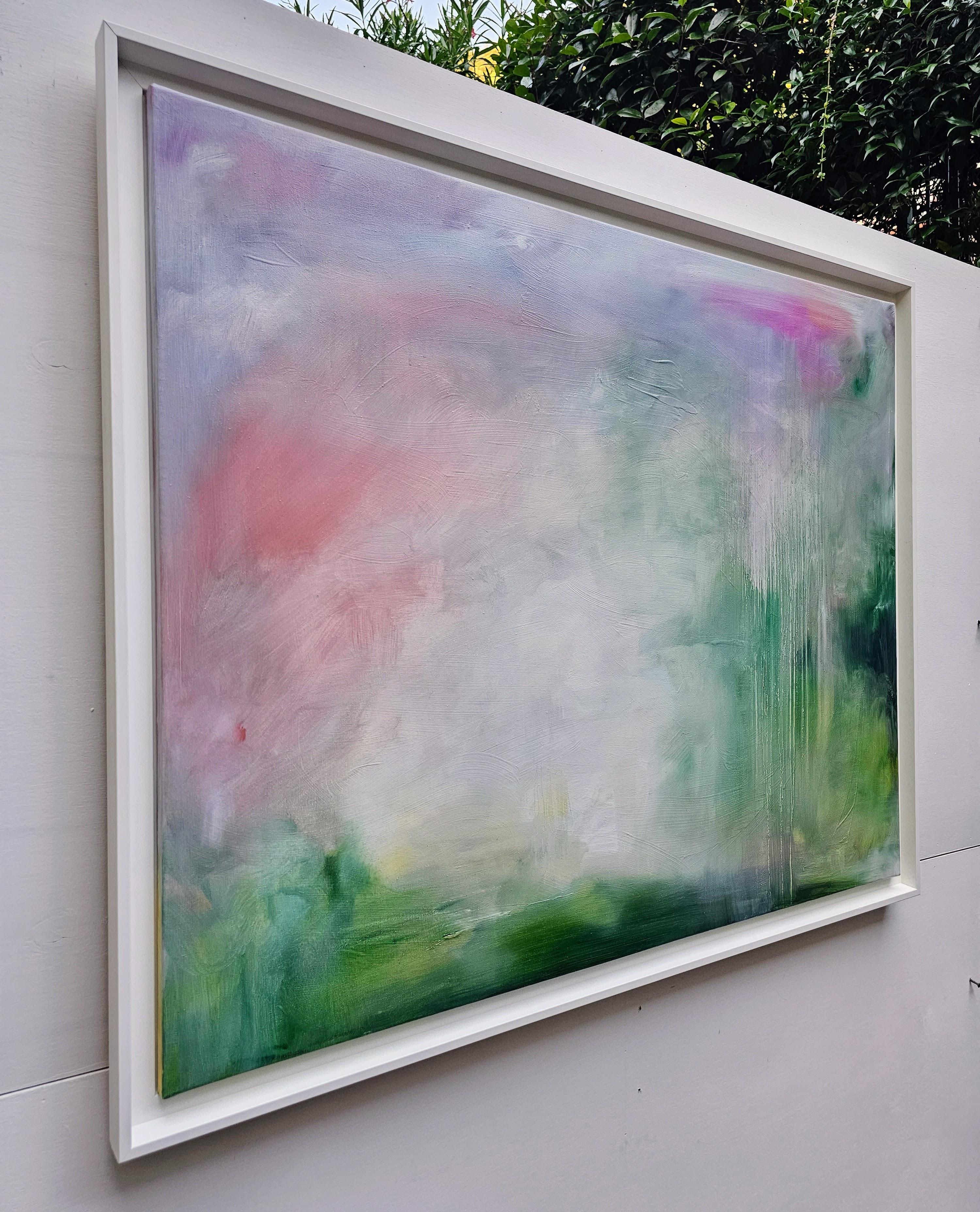 Can I come home for the summer? - Large soft green abstract landscape painting - Contemporary Painting by Jennifer L. Baker