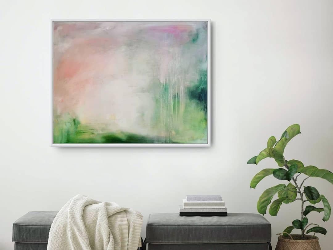 Can I come home for the summer? - Large soft green abstract landscape painting - Gray Landscape Painting by Jennifer L. Baker
