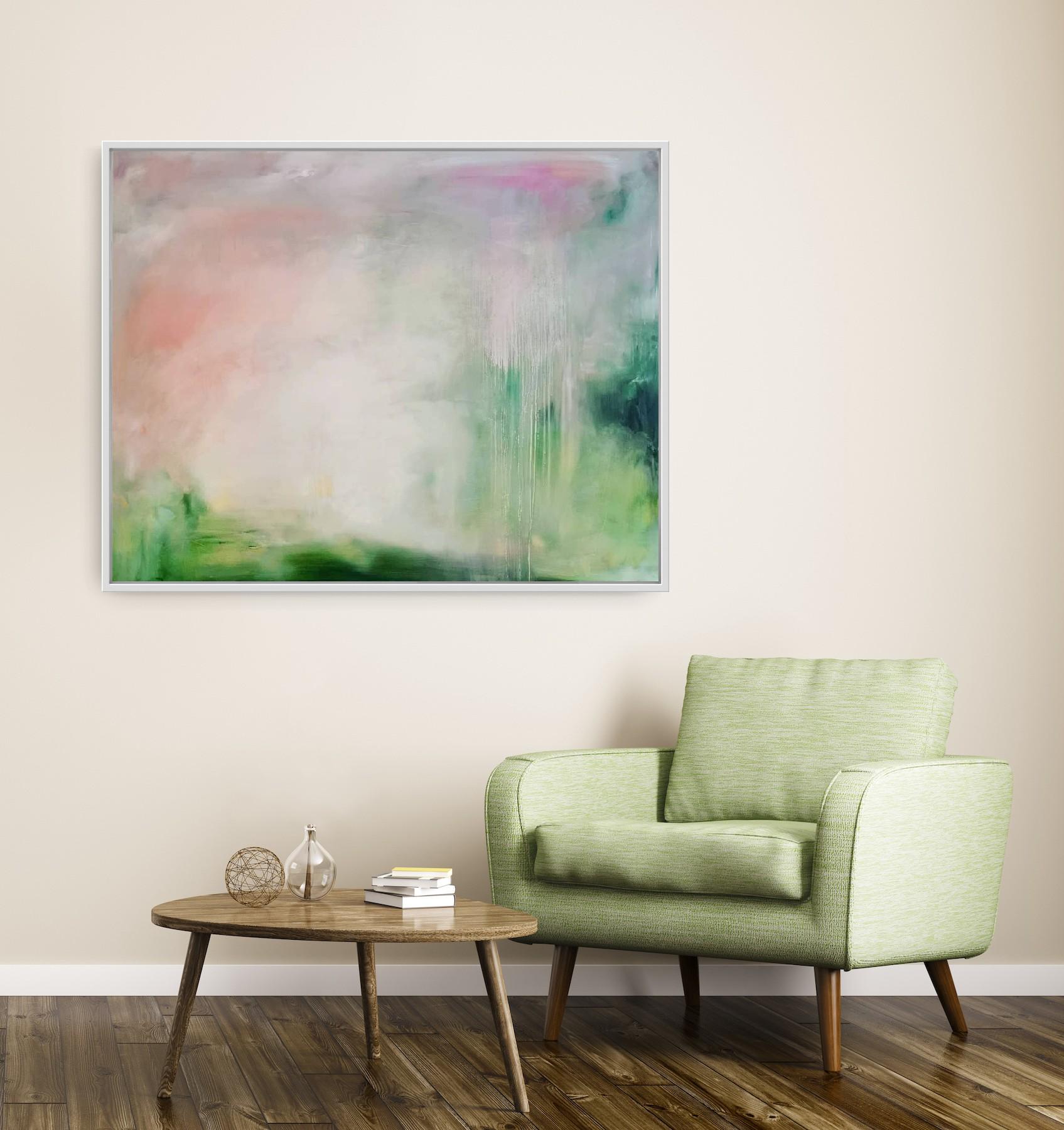 Can I come home for the summer? - Large soft green abstract landscape painting For Sale 1