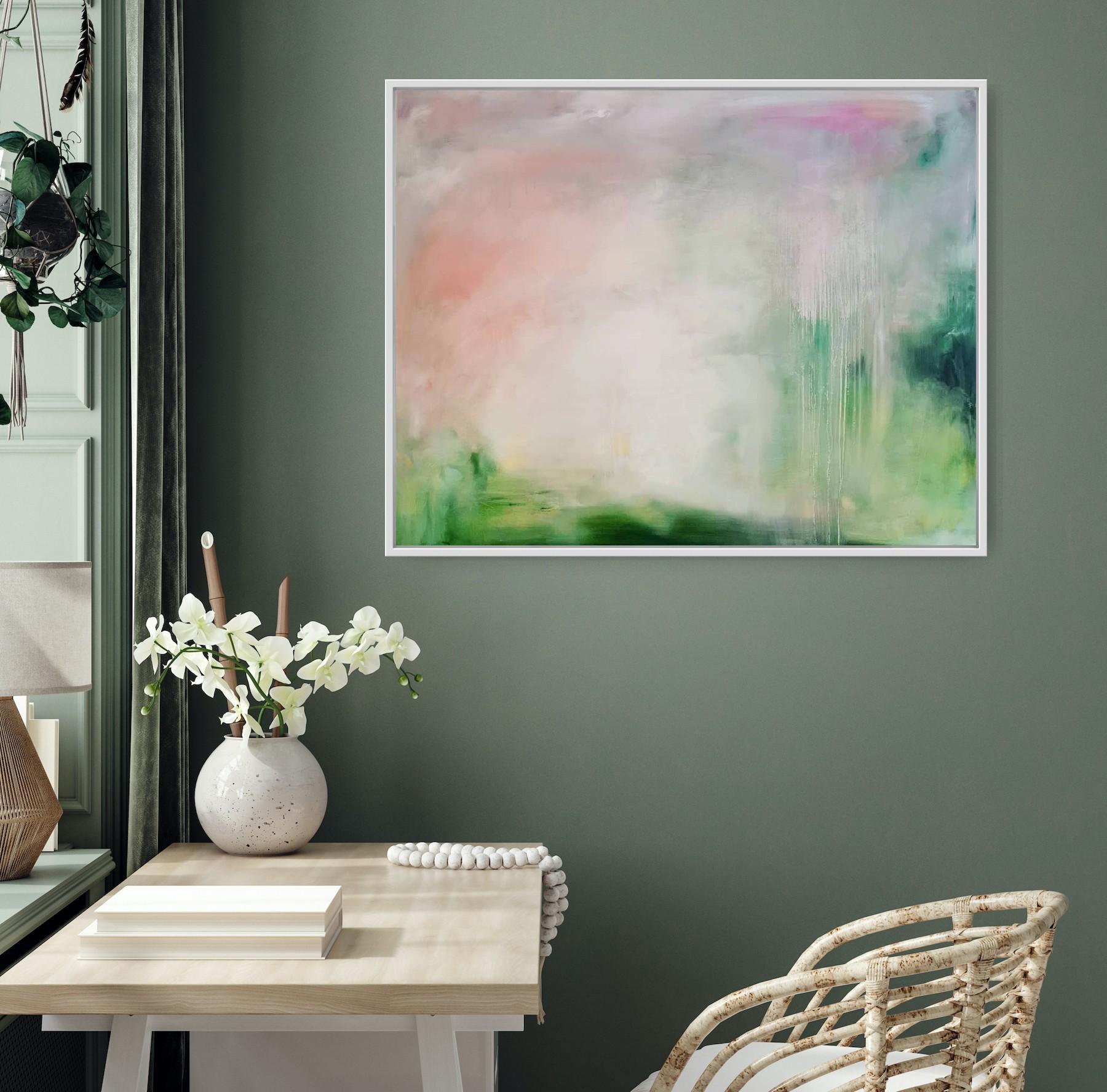 Can I come home for the summer? - Large soft green abstract landscape painting For Sale 2