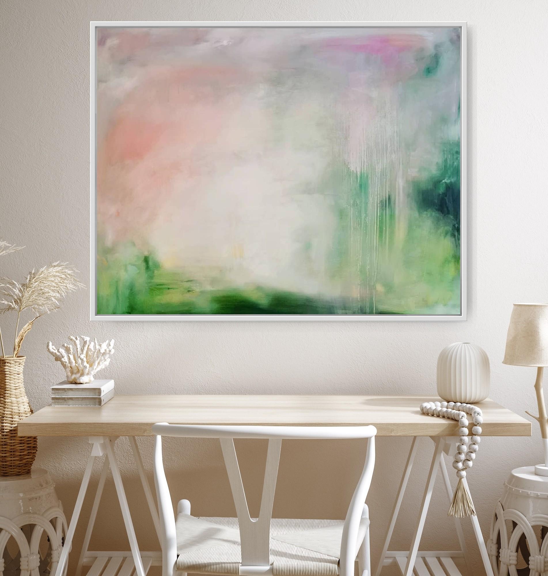 Can I come home for the summer? - Large soft green abstract landscape painting For Sale 3