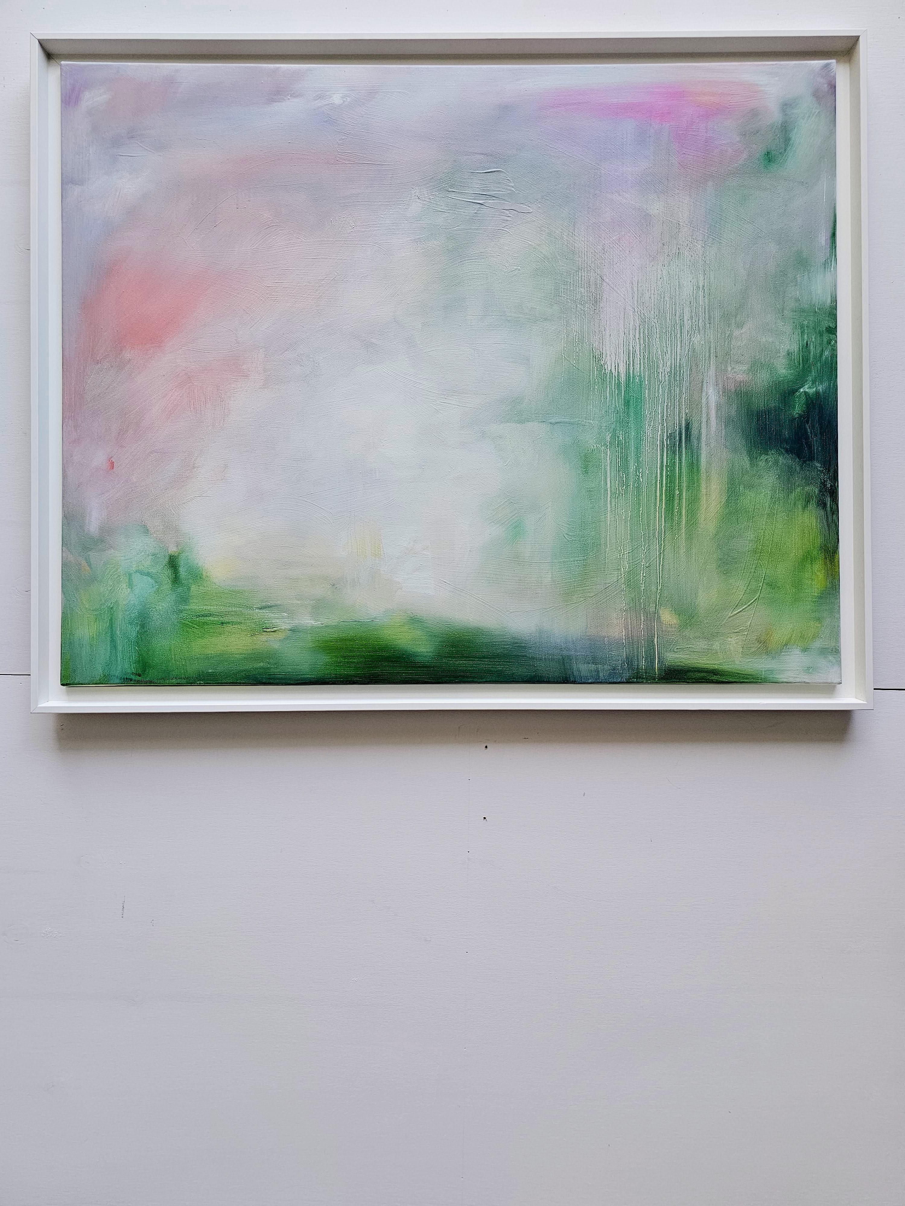 Can I come home for the summer? - Large soft green abstract landscape painting For Sale 4
