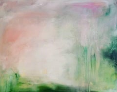 Can I come home for the summer? - Large soft green abstract landscape painting