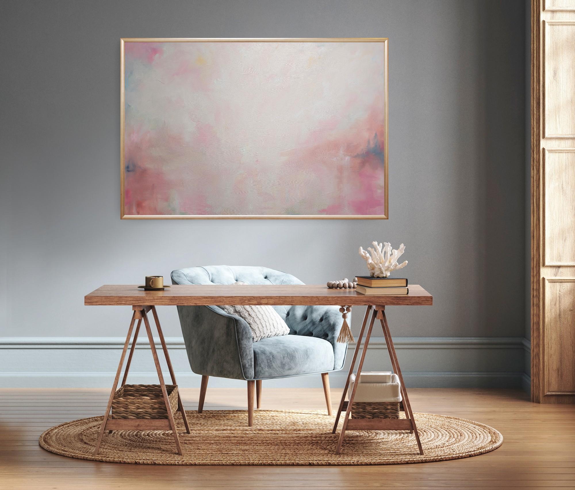 Celestial - Large white and pink minimalist abstract landscape painting - Painting by Jennifer L. Baker