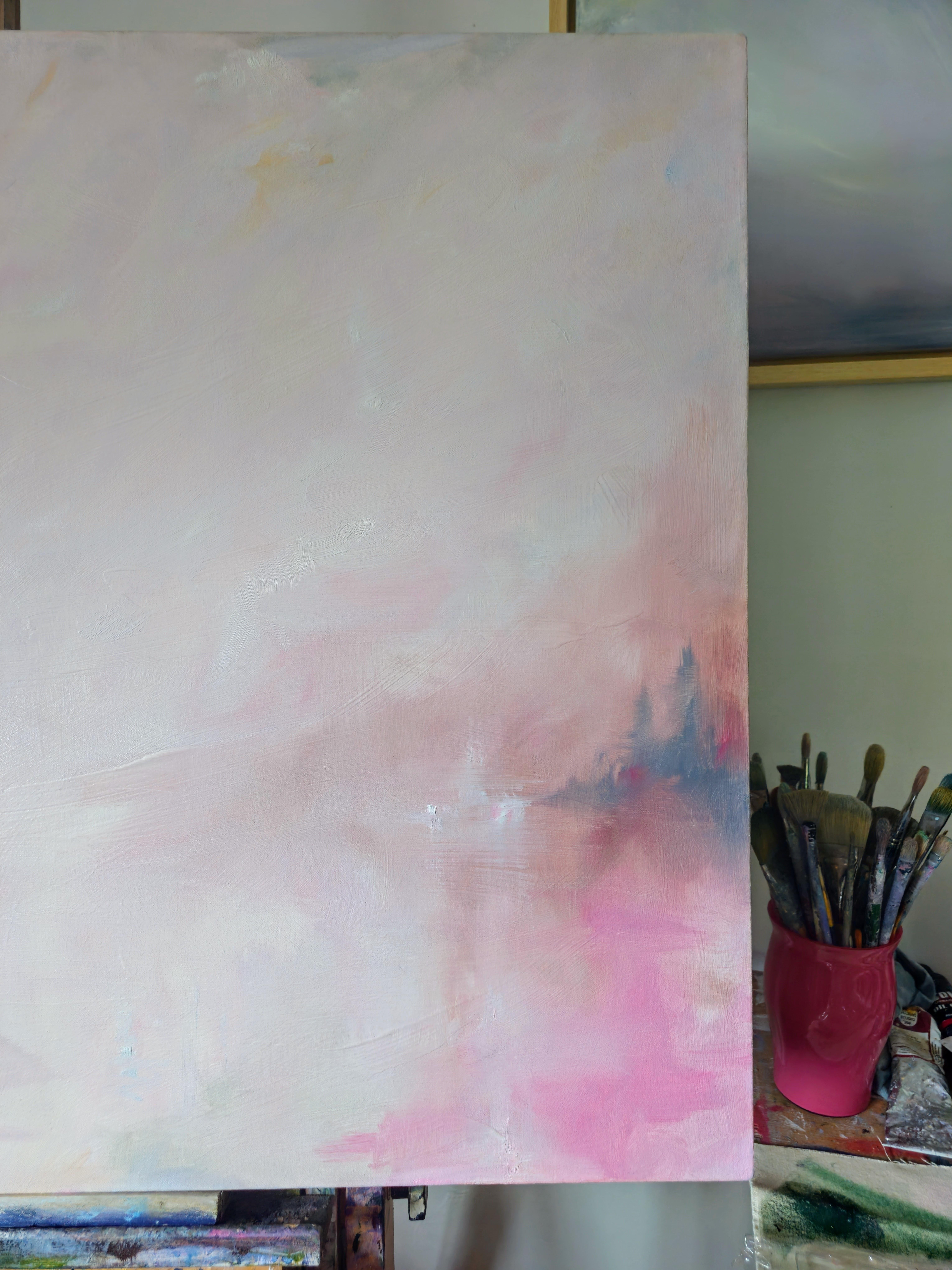 Celestial - Large white and pink minimalist abstract landscape painting For Sale 12