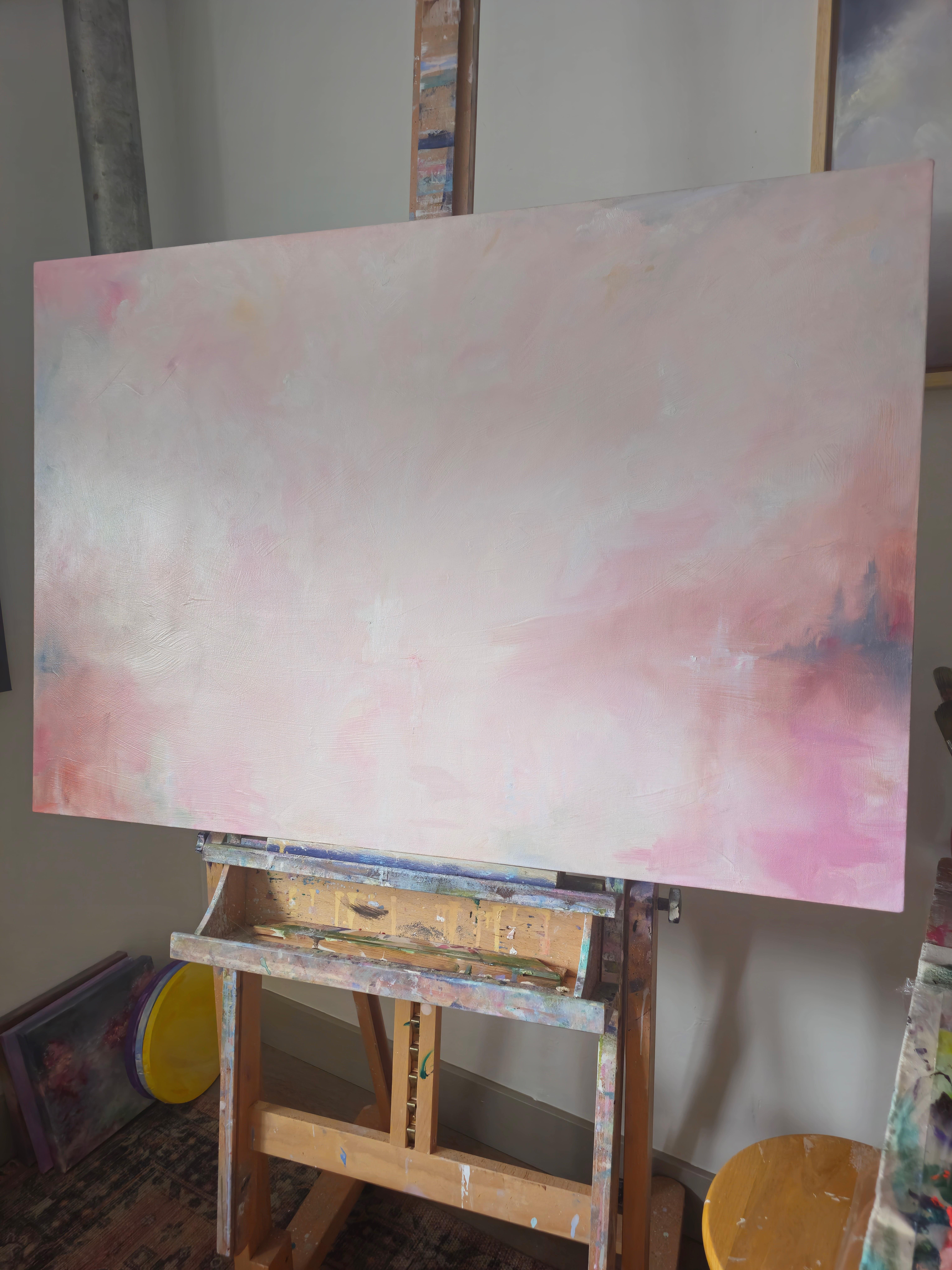 Celestial - Large white and pink minimalist abstract landscape painting For Sale 1