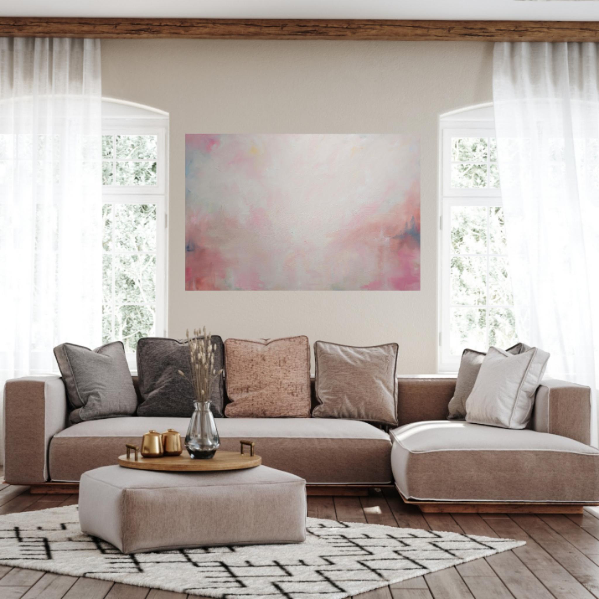 Celestial - Large white and pink minimalist abstract landscape painting - Gray Landscape Painting by Jennifer L. Baker