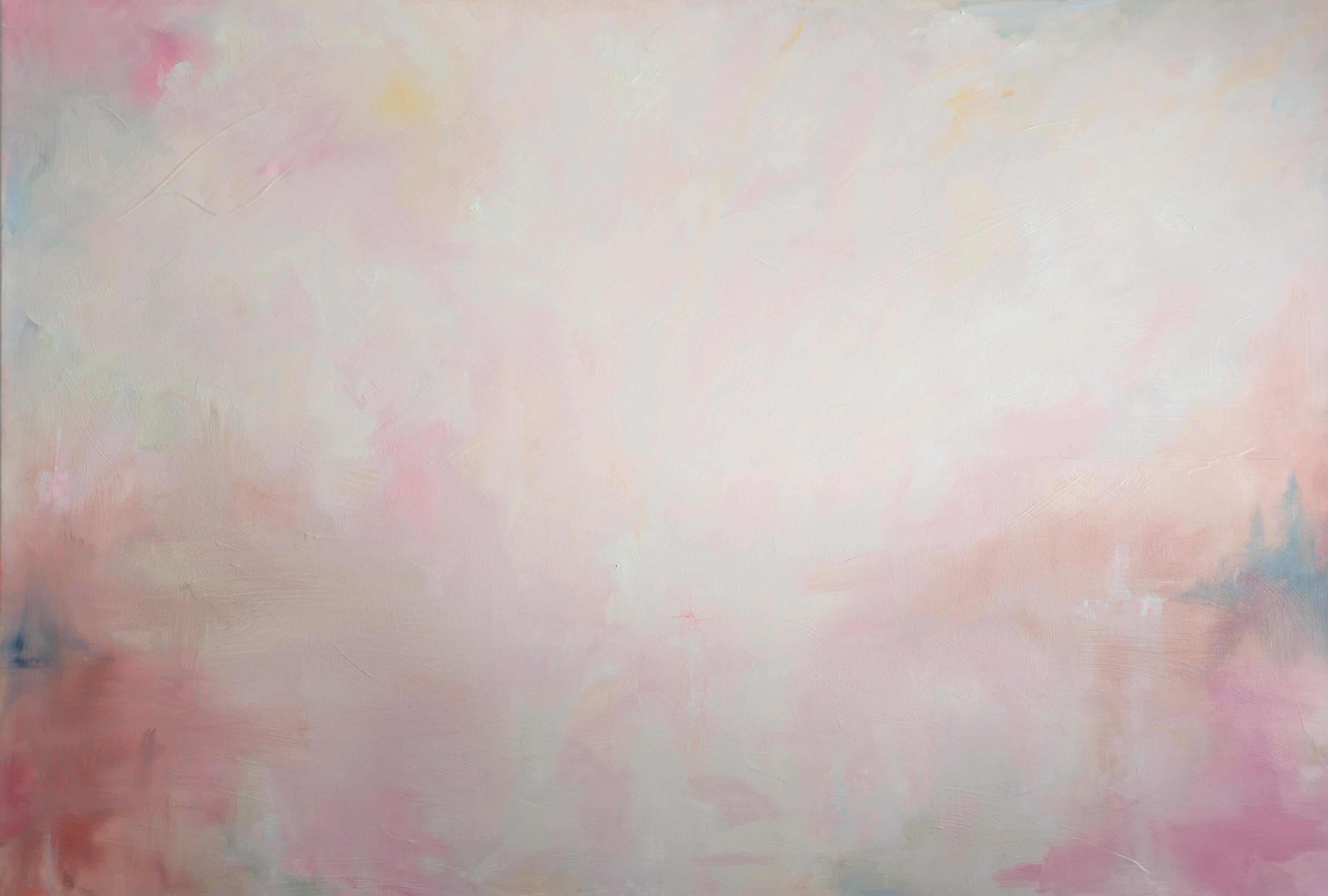 Celestial - Grand tableau de paysage abstrait minimaliste blanc et rose