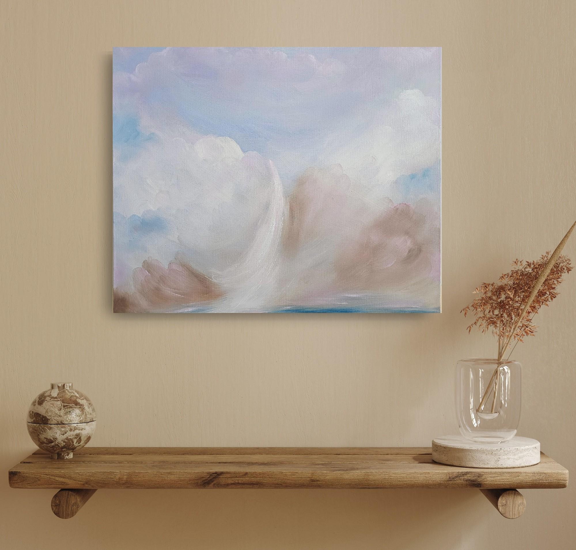 Cold and Snow and Wind and Pink Skies - Atmospheric abstract winter landscape (Grau), Landscape Painting, von Jennifer L. Baker