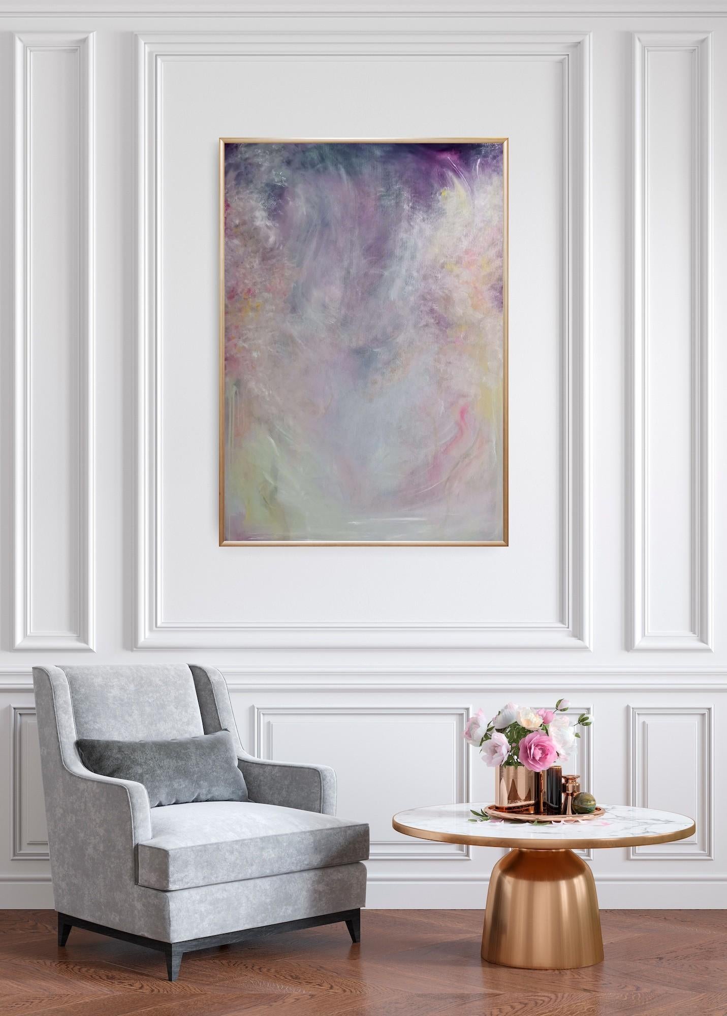 Crimson und Kleeblatt - Ätherisches abstraktes Gemälde in Rosa und Violett (Grau), Abstract Painting, von Jennifer L. Baker