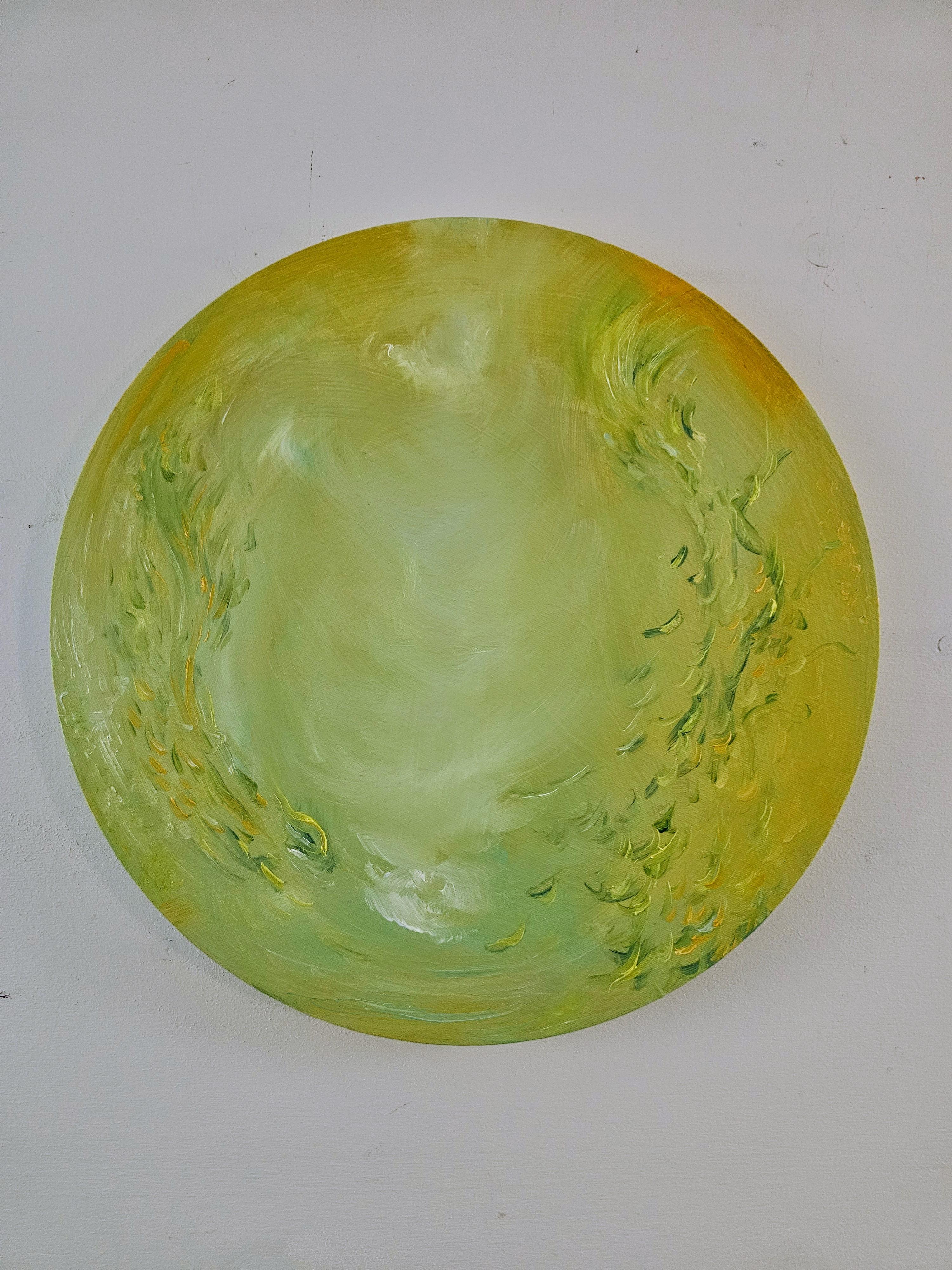 Dente di leone - Piccolo dipinto floreale astratto rotondo di colore giallo verde brillante - Abstract Painting Marrone di Jennifer L. Baker