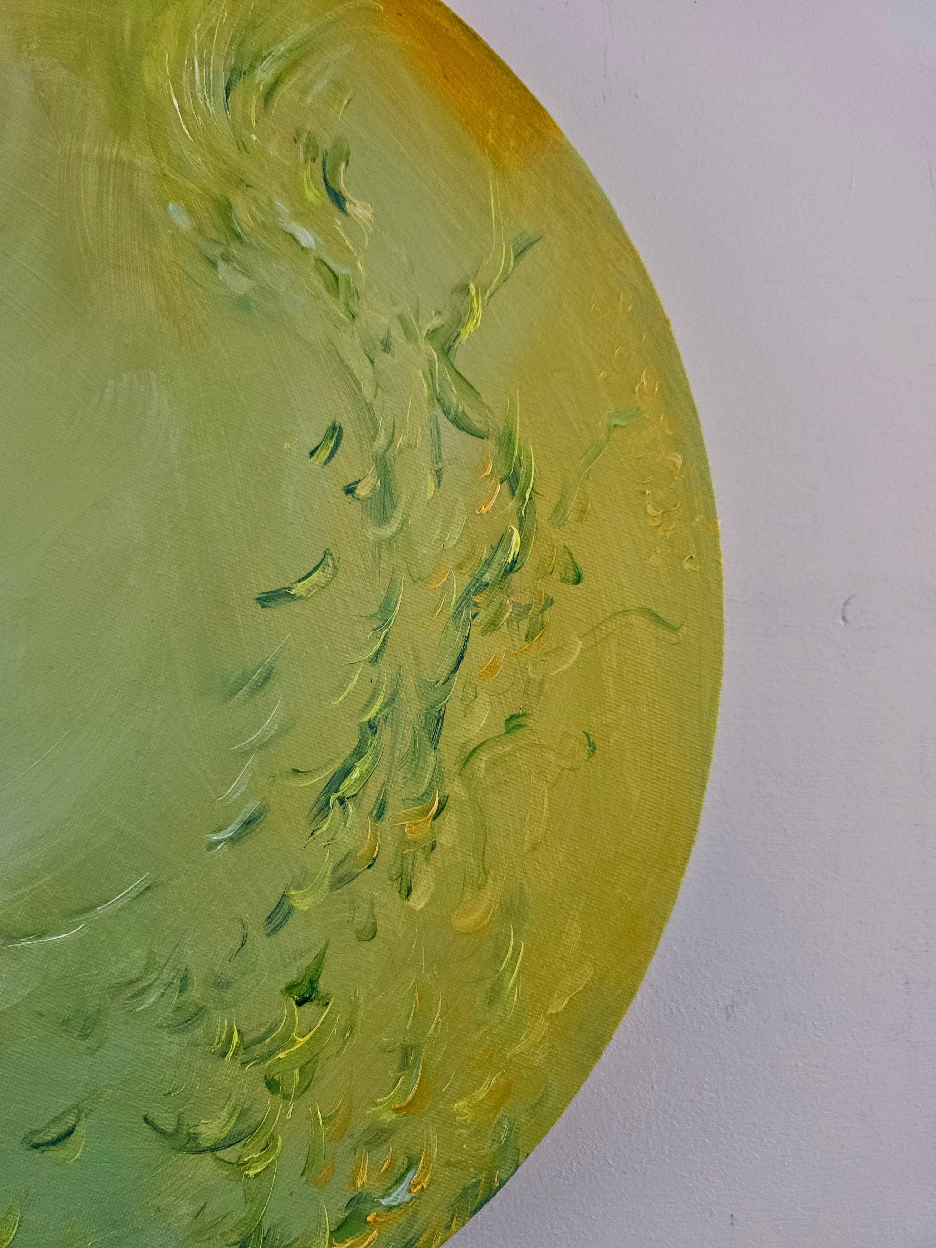 Dente di leone - Piccolo dipinto floreale astratto rotondo di colore giallo verde brillante in vendita 1