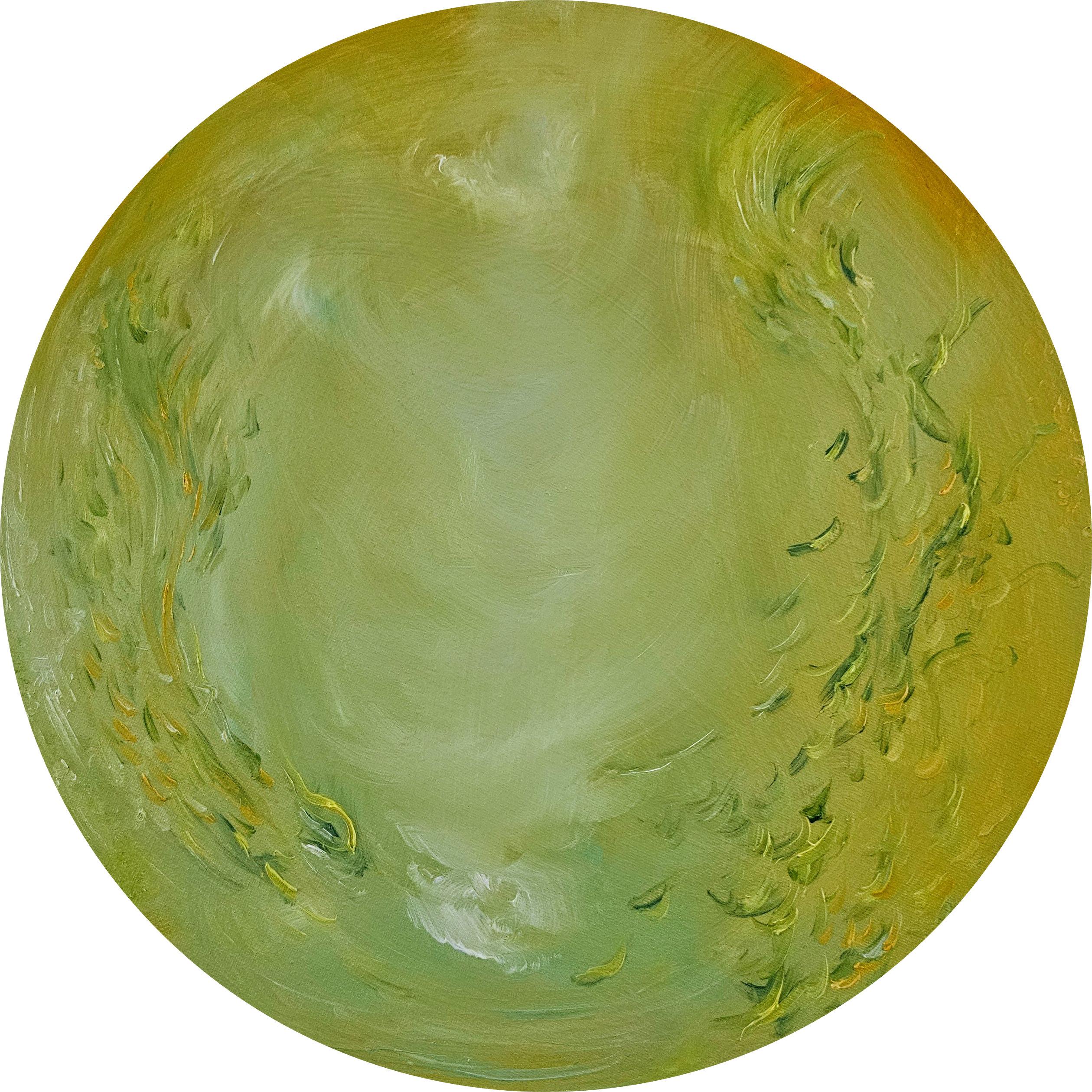 Abstract Painting di Jennifer L. Baker - Dente di leone - Piccolo dipinto floreale astratto rotondo di colore giallo verde brillante