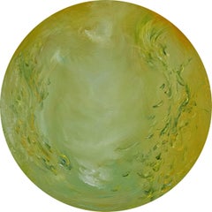 Dandelion - Small bright yellow green round abstract floral painting