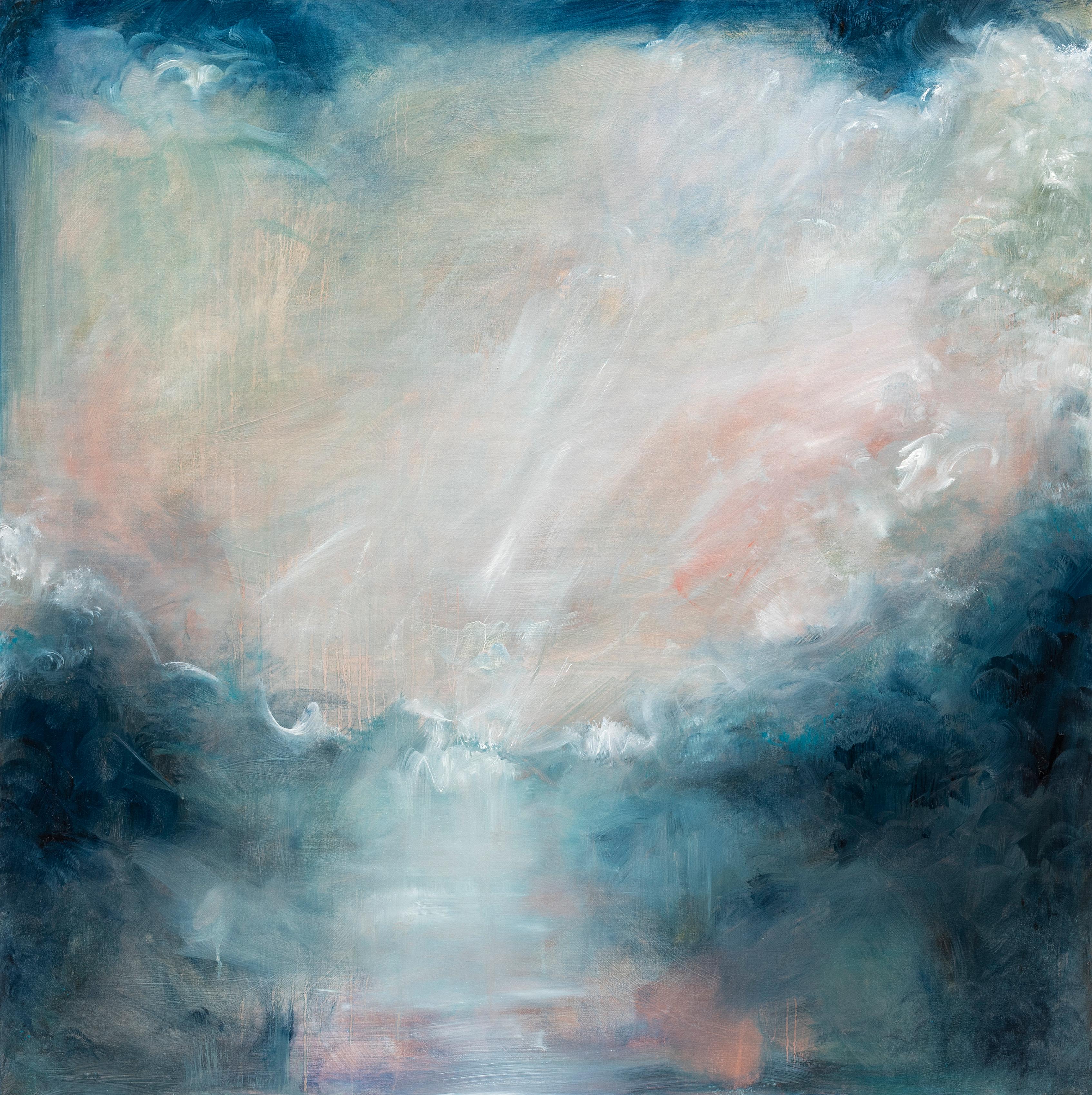 Landscape Painting Jennifer L. Baker - Merveille profonde dans l'œil de la tempête - Peinture marine abstraite bleue dramatique