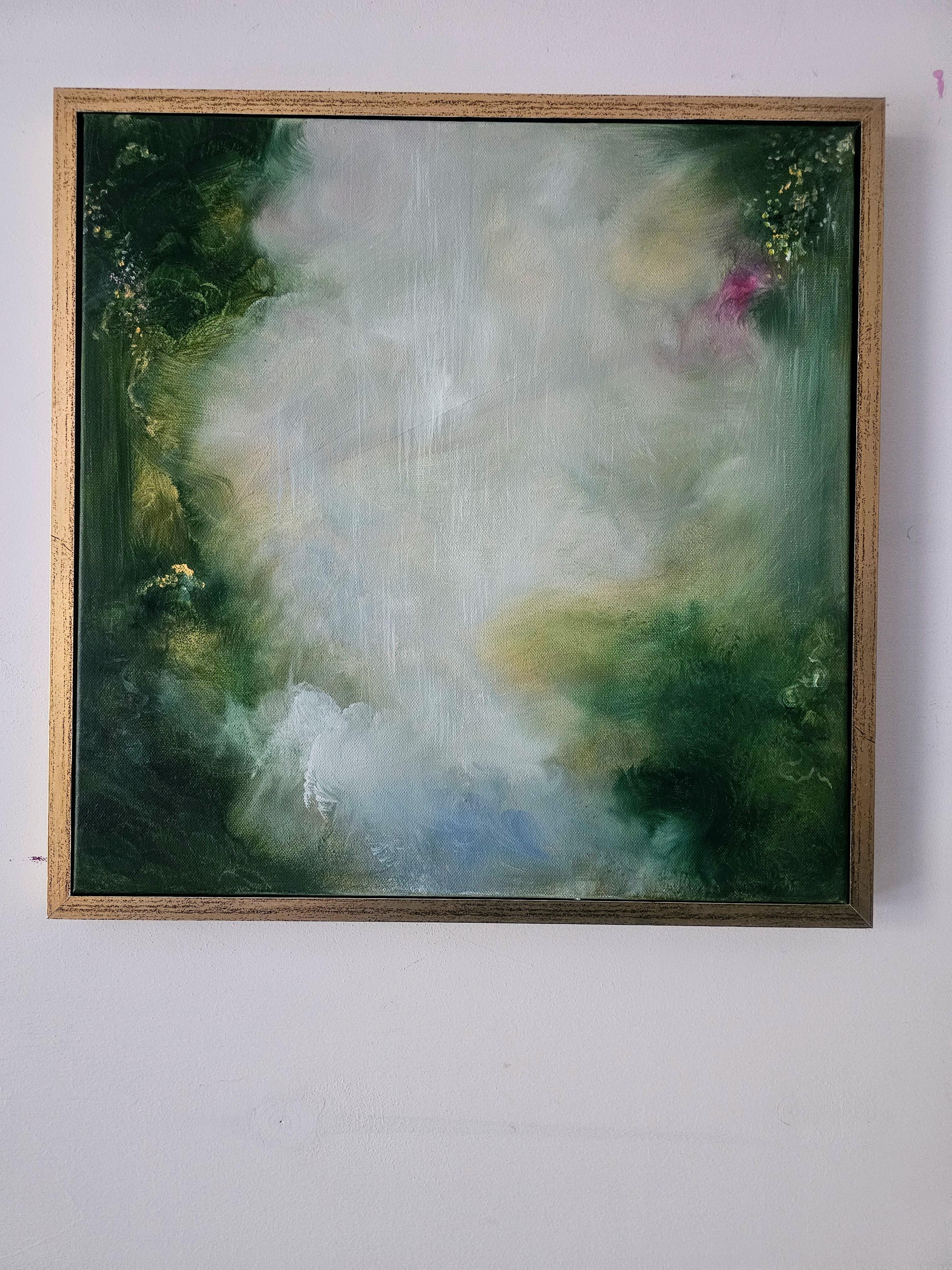 Enchanted - Framed abstract green nature painting - Painting by Jennifer L. Baker