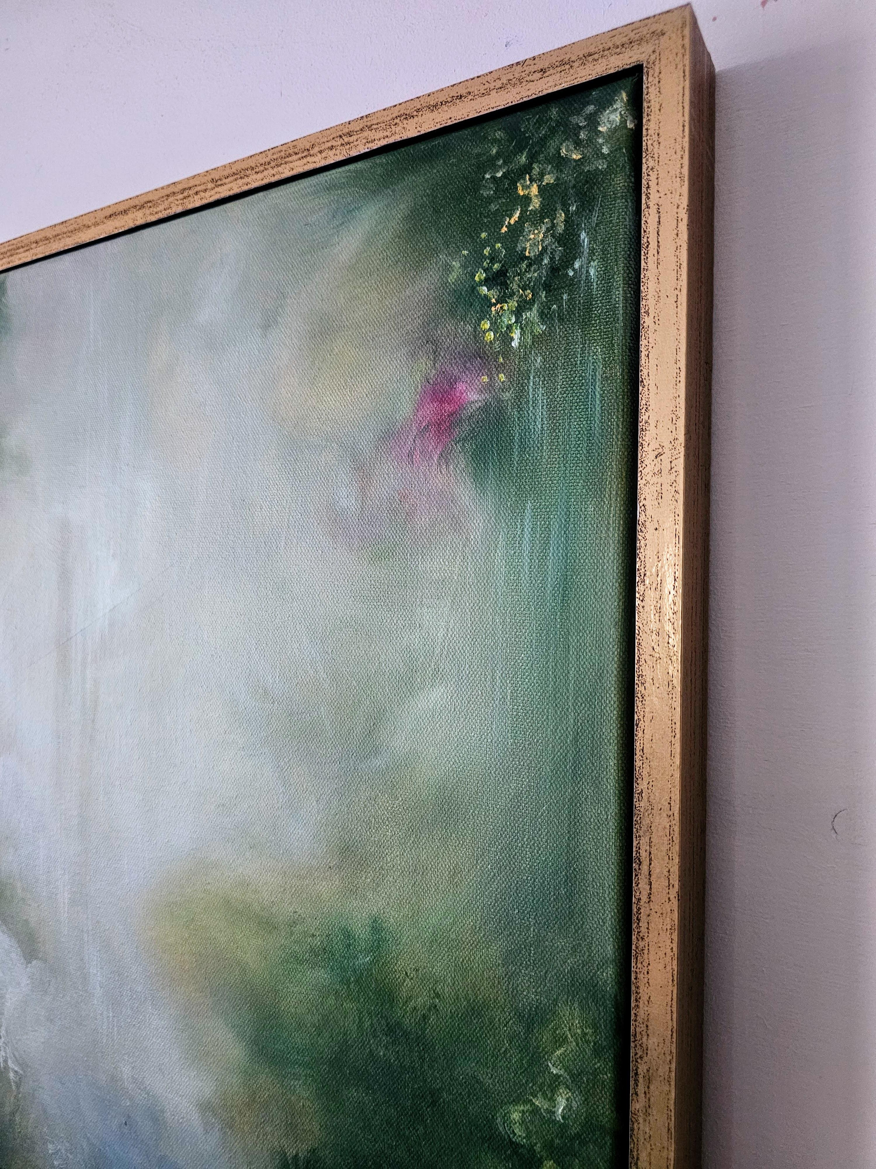 Enchanted - Gerahmtes abstraktes grünes Nature Gemälde (Abstrakter Impressionismus), Painting, von Jennifer L. Baker