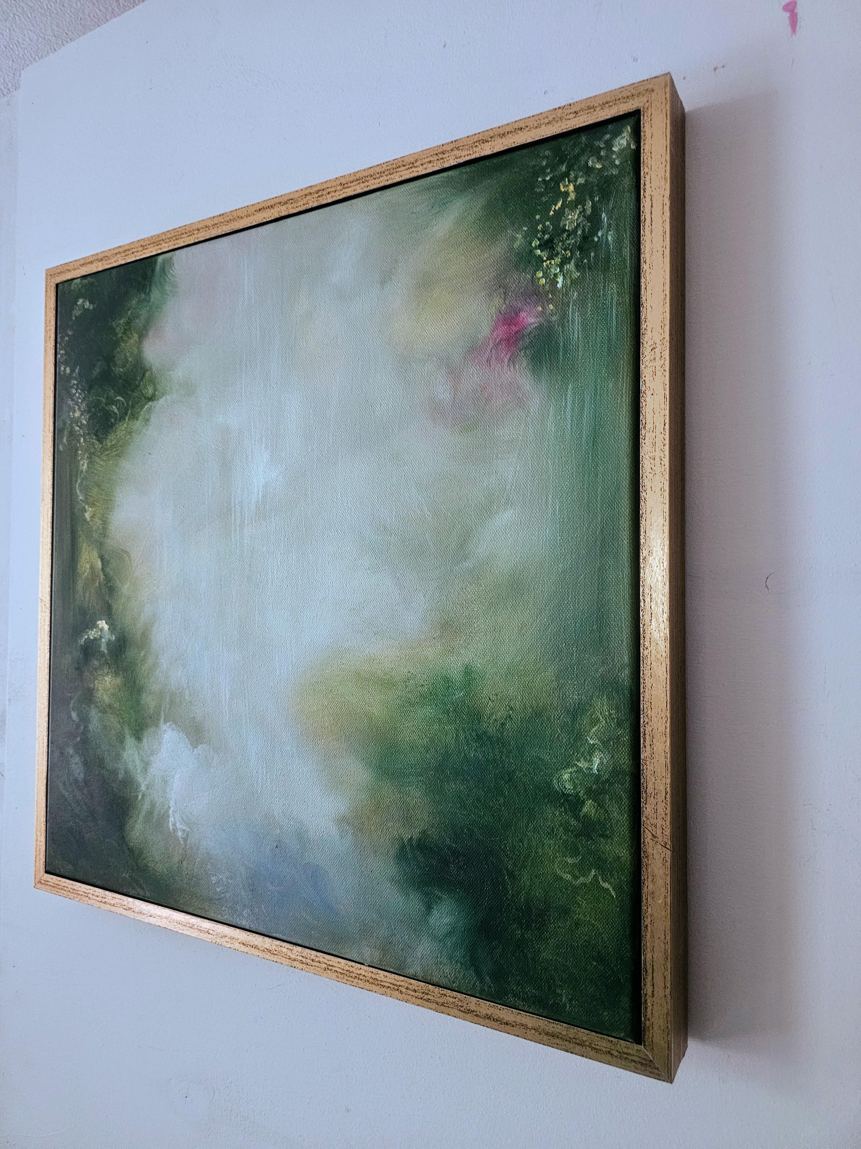 Enchanted - Framed abstract green nature painting - Gray Abstract Painting by Jennifer L. Baker