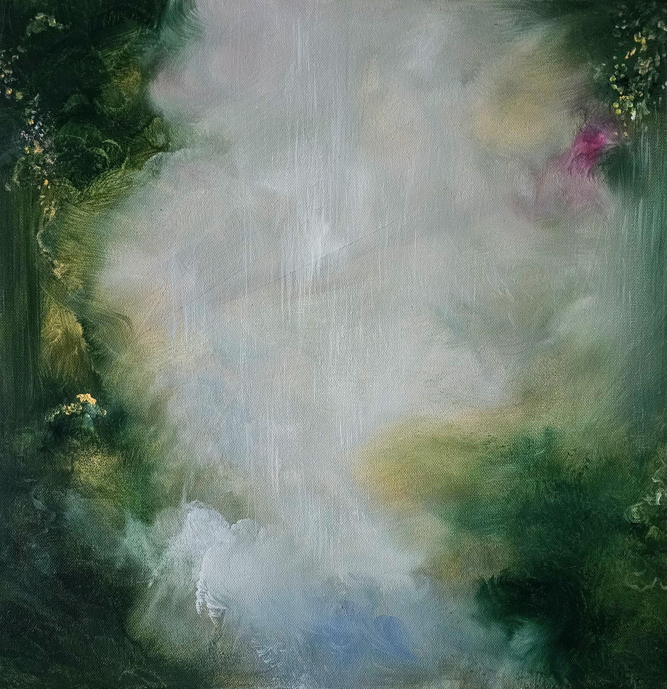 Jennifer L. Baker Abstract Painting – Enchanted - Gerahmtes abstraktes grünes Nature Gemälde