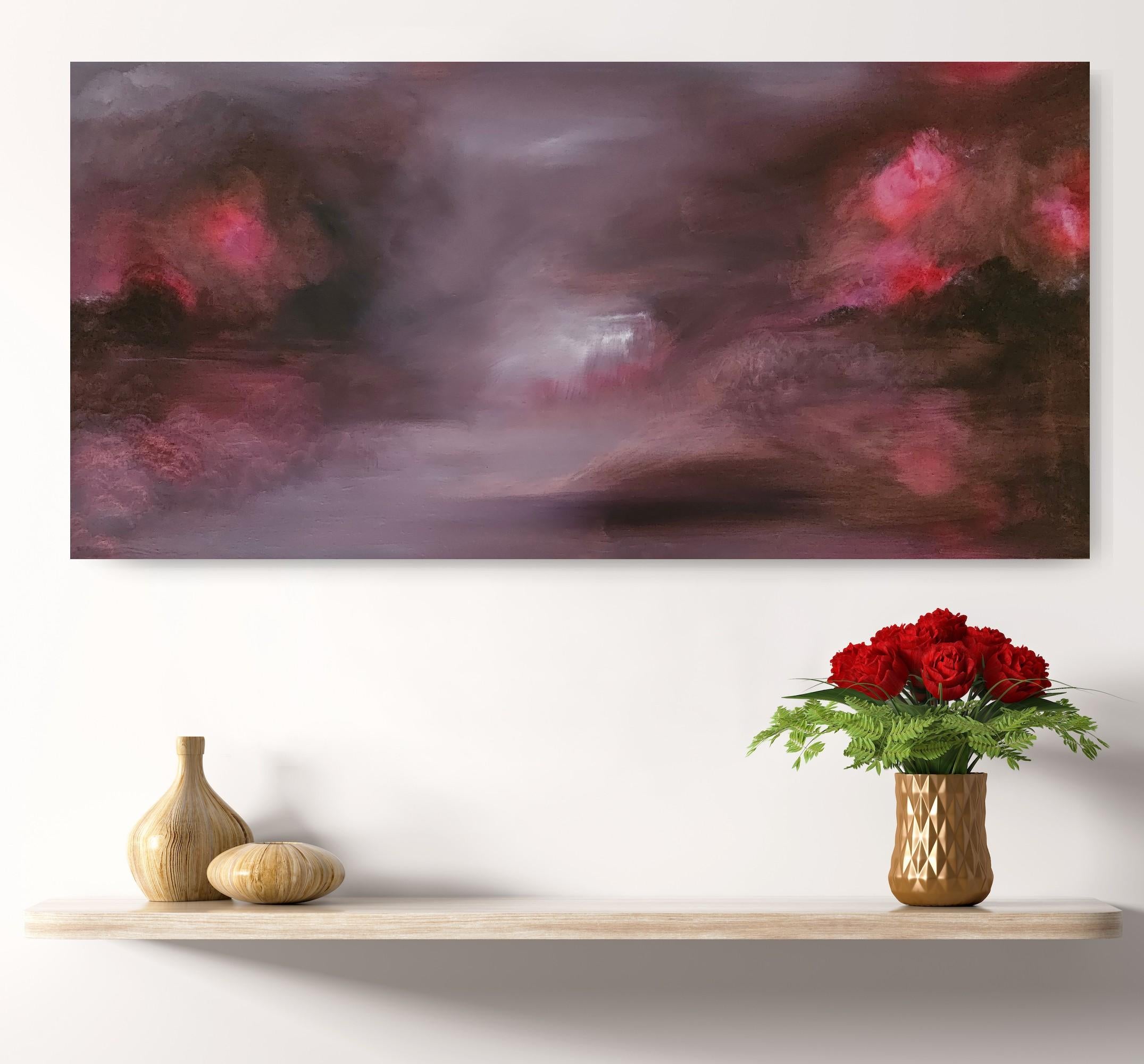 Cette peinture abstraite de paysage est dédiée à la puissance toujours présente de l'Etna, le volcan vivant sur l'île de Sicile. L'Etna est un rappel constant de ce qui se trouve en dessous. Sa lave coule sans cesse et elle illumine le ciel de feu