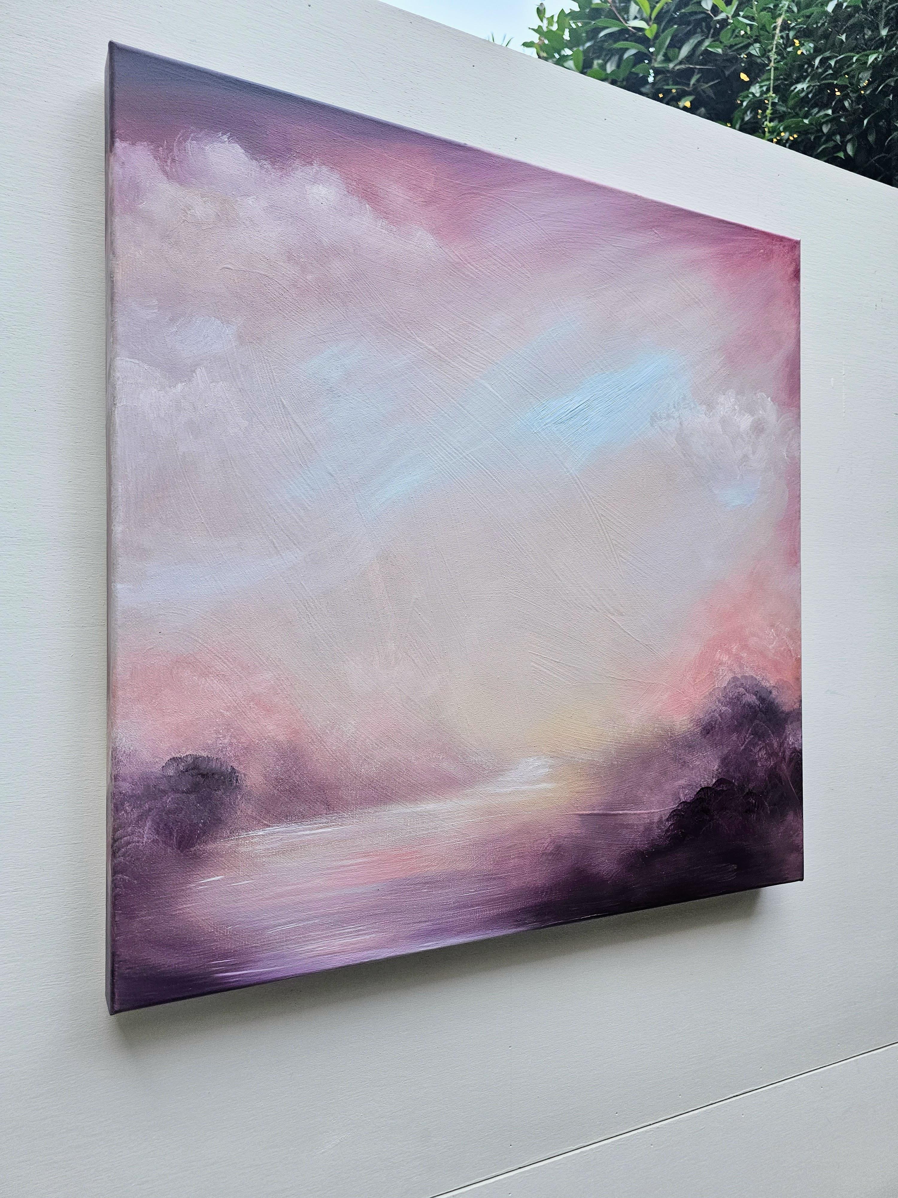 A soft abstract landscape painting, with hints of a river landscape. A warm palette, dedicated to the ascension of the sky towards the earth (sunset and dawn) and the flow of water through the landscape. A story unfolding of time, the evolution of