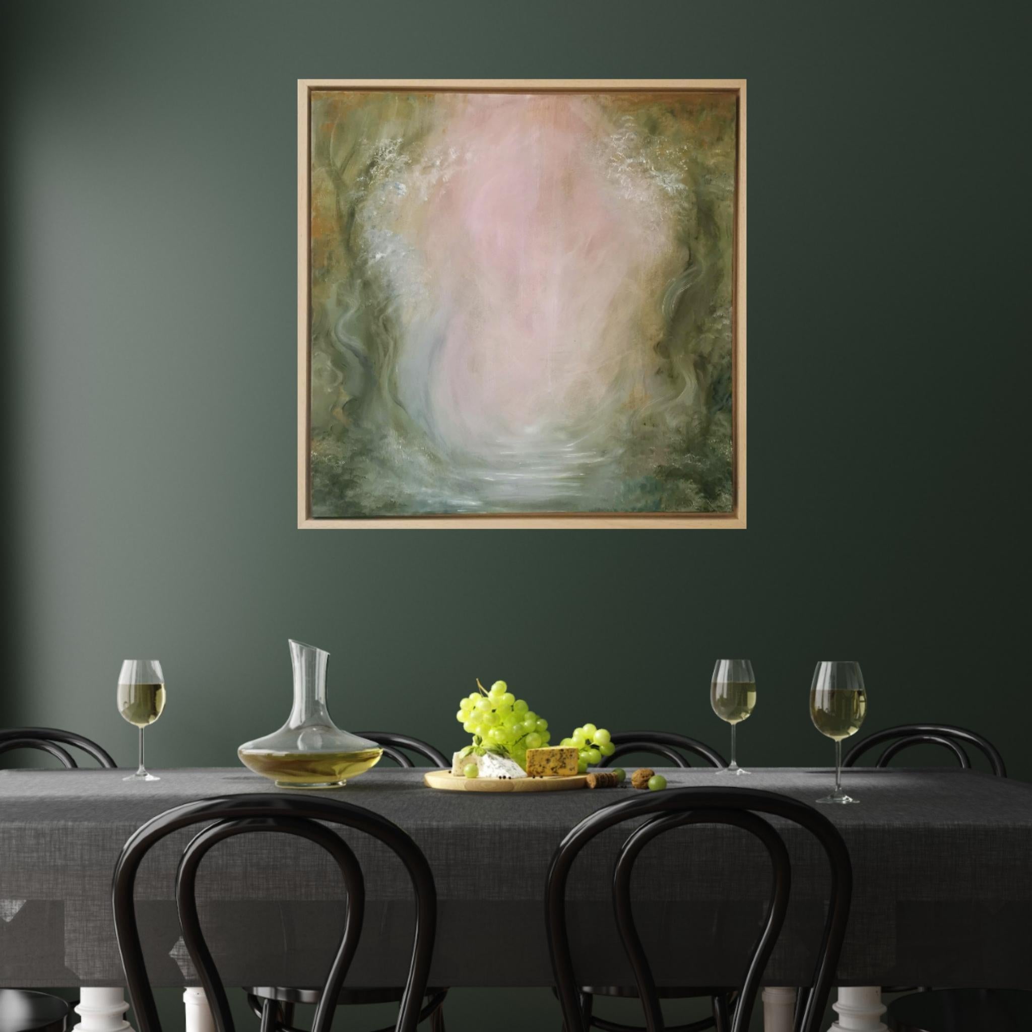 An ethereal, dreamy abstract landscape painting, a piece from the Mystic Landscapes series, born of an imaginary inspiration. A journey towards the light in a palette of warm greens and golds, watery slate blues, and a hint of alizarin crimson. A