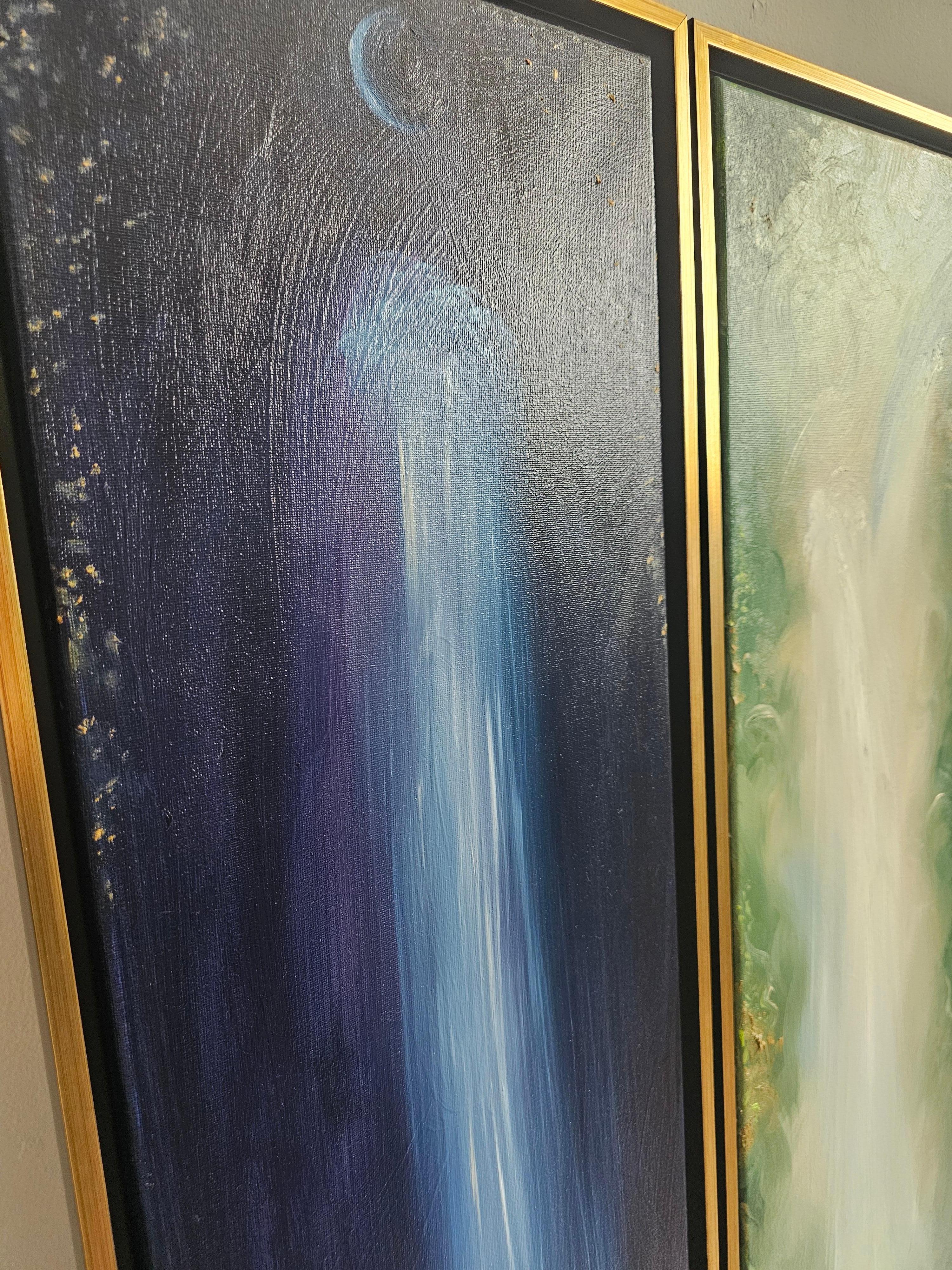 Gemelli - Light and dark abstract landscape diptych set of 2 paintings - Gray Abstract Painting by Jennifer L. Baker
