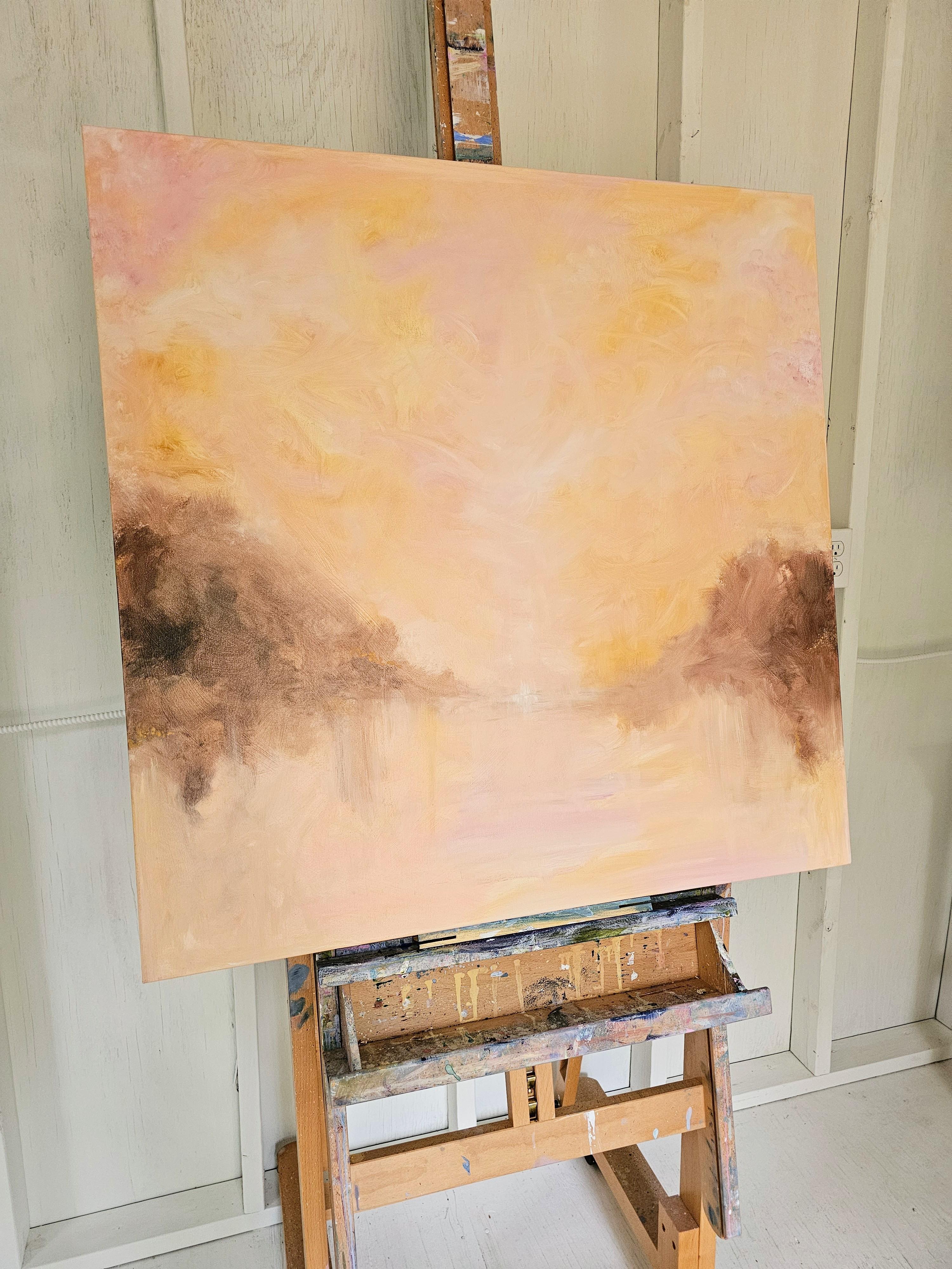 Grand rising - Large peach fuzz color abstract landscape painting For Sale 7