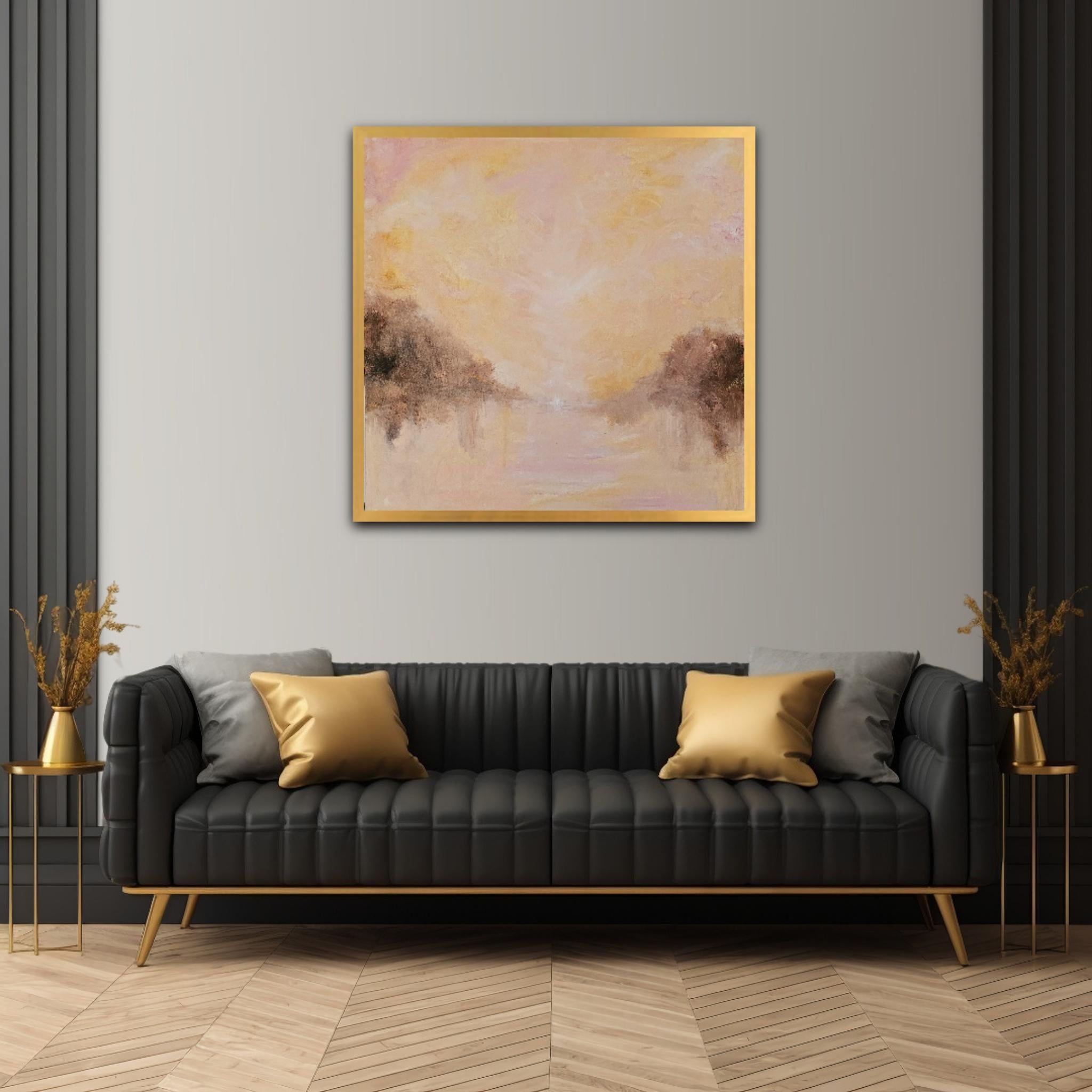Grand rising - Large peach fuzz color abstract landscape painting For Sale 12