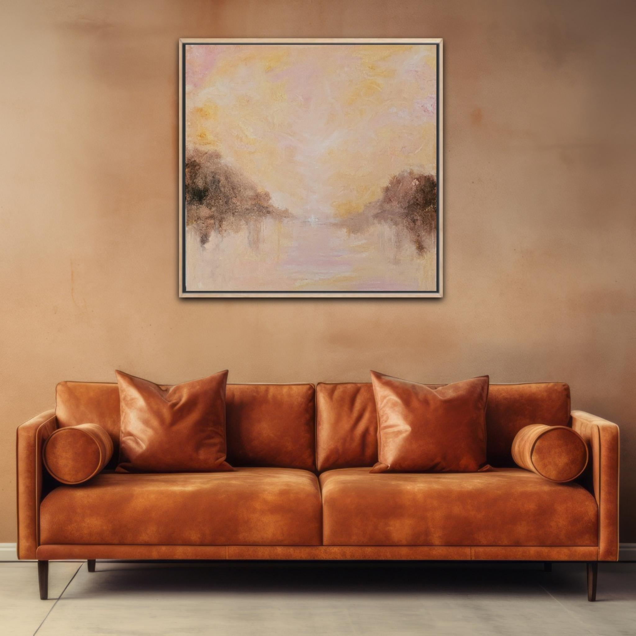 Grand rising - Large peach fuzz color abstract landscape painting For Sale 13