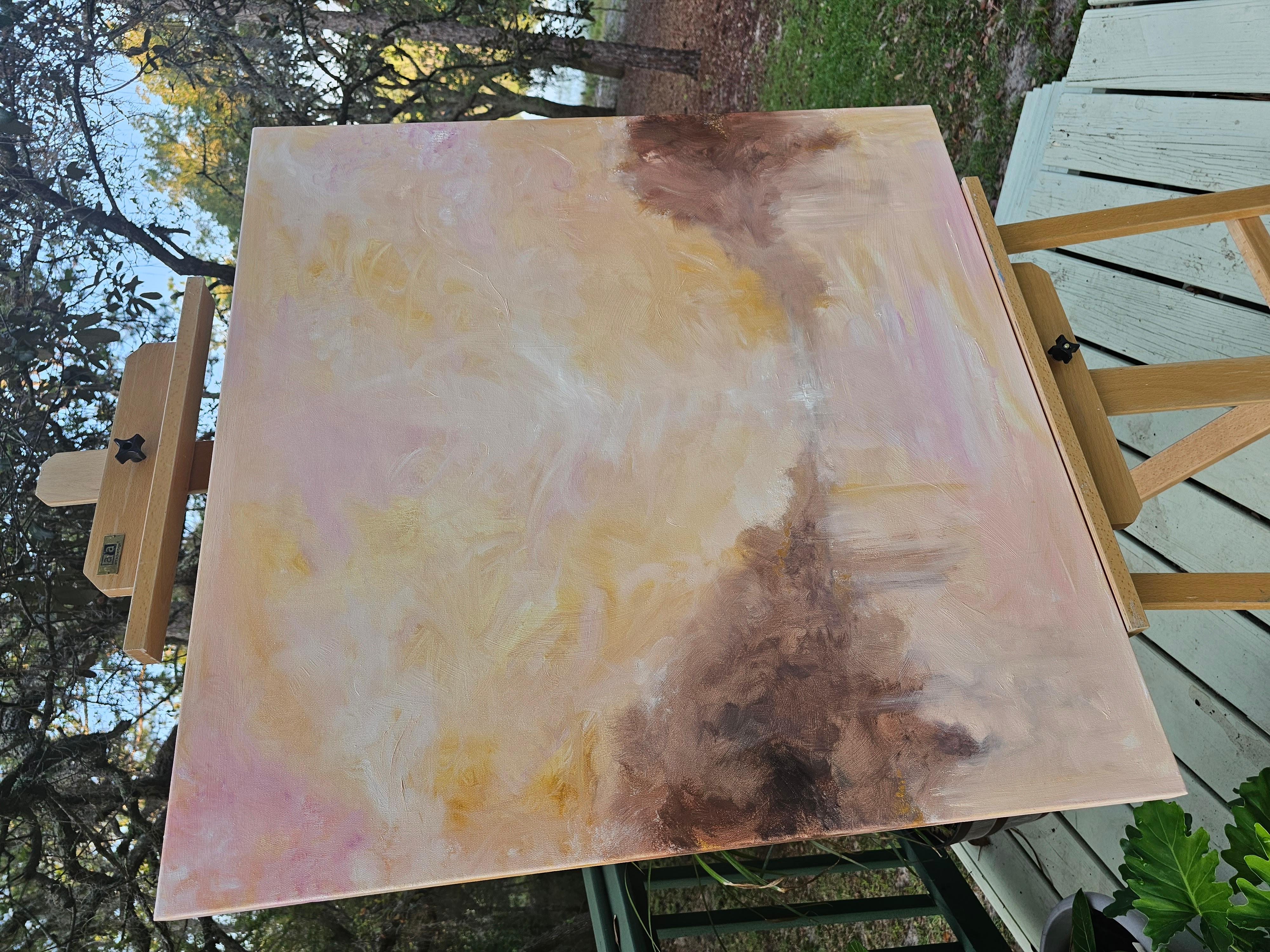 Grand rising - Large peach fuzz color abstract landscape painting For Sale 2