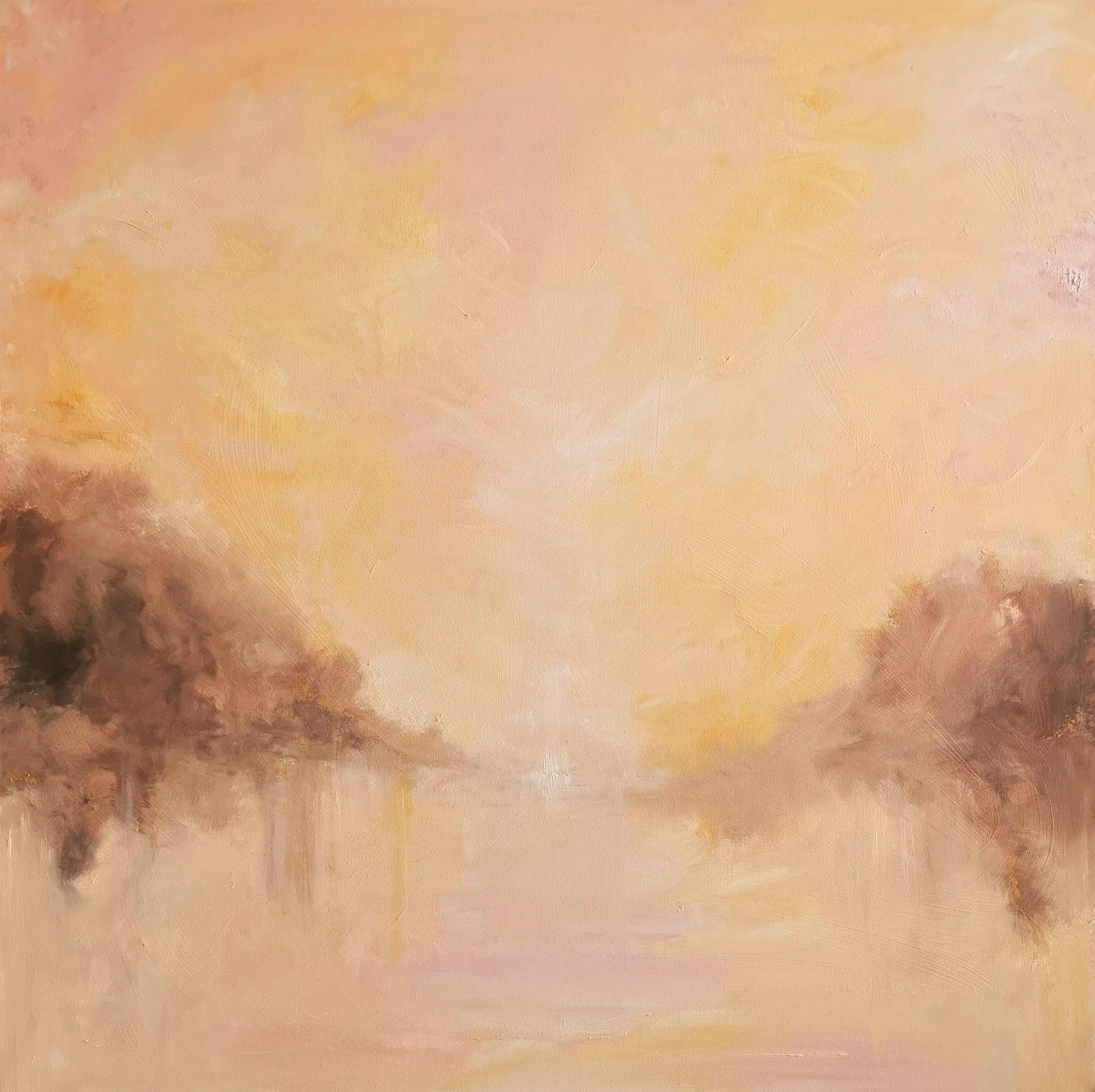 Jennifer L. Baker Landscape Painting - Grand rising - Large peach fuzz color abstract landscape painting