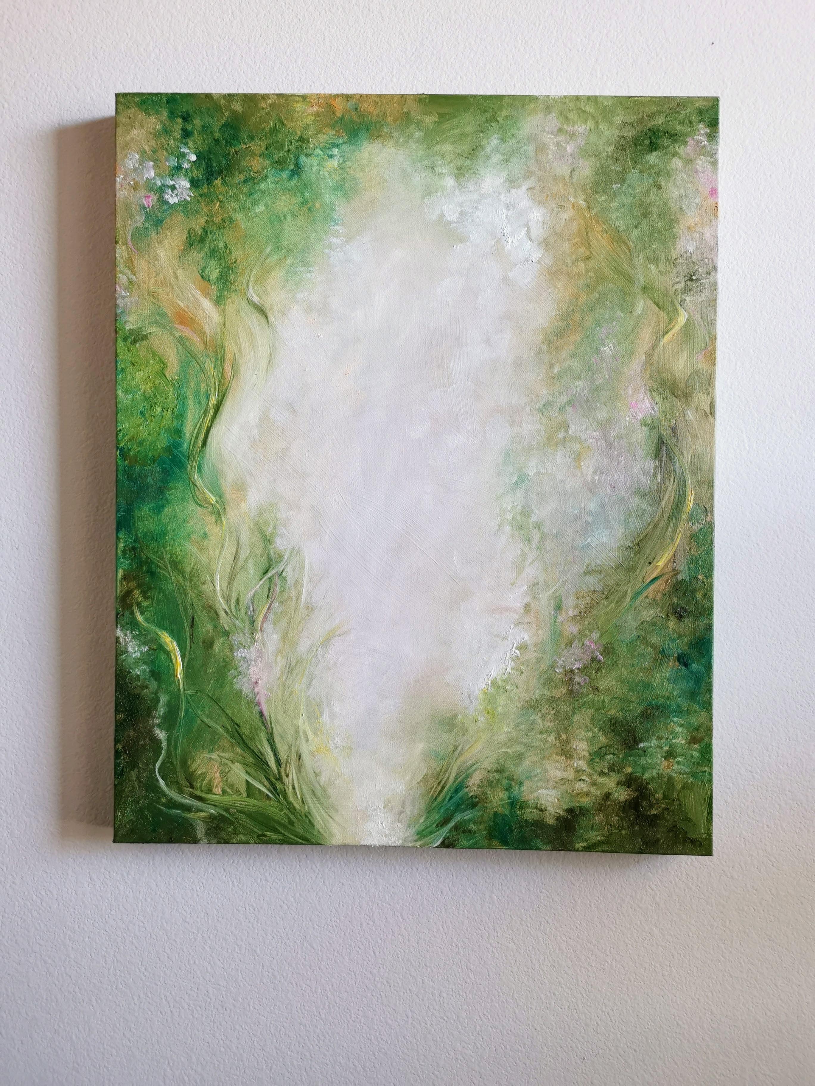 Haven - Green abstract floral painting - Painting by Jennifer L. Baker