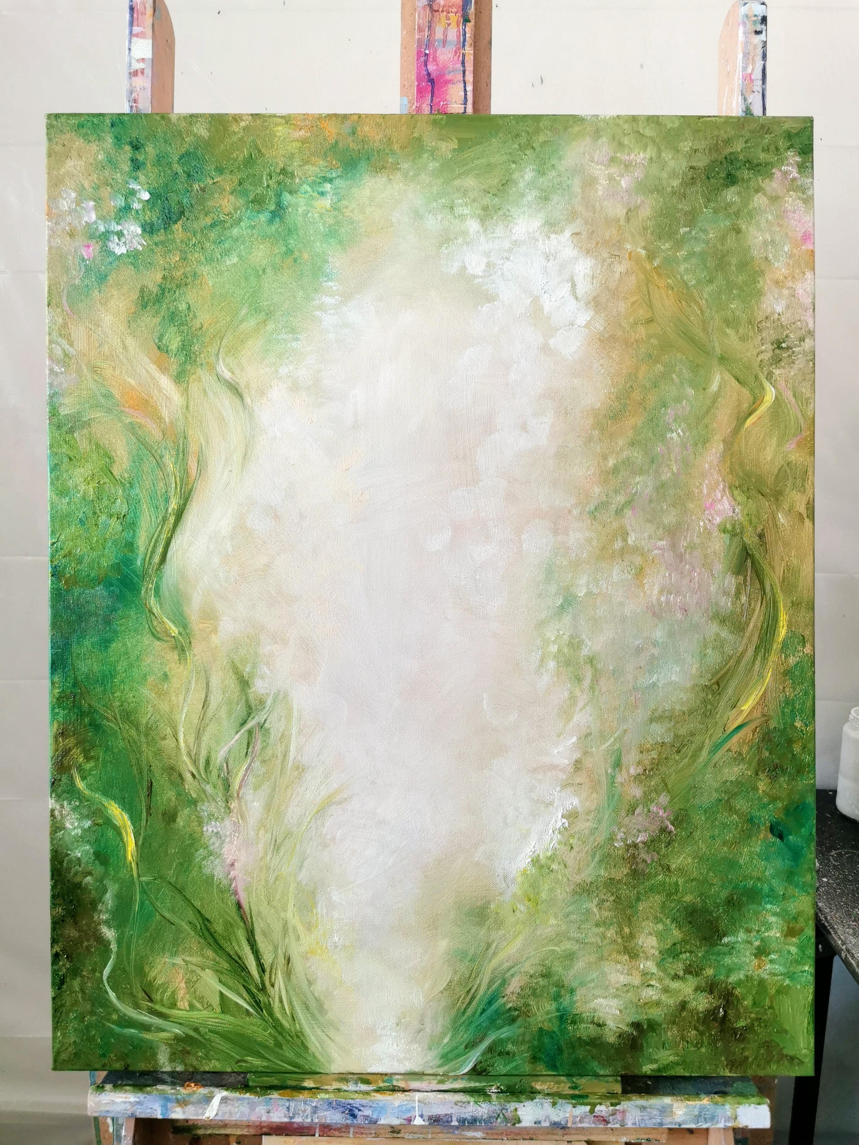 Haven - Green abstract floral painting - Abstract Impressionist Painting by Jennifer L. Baker