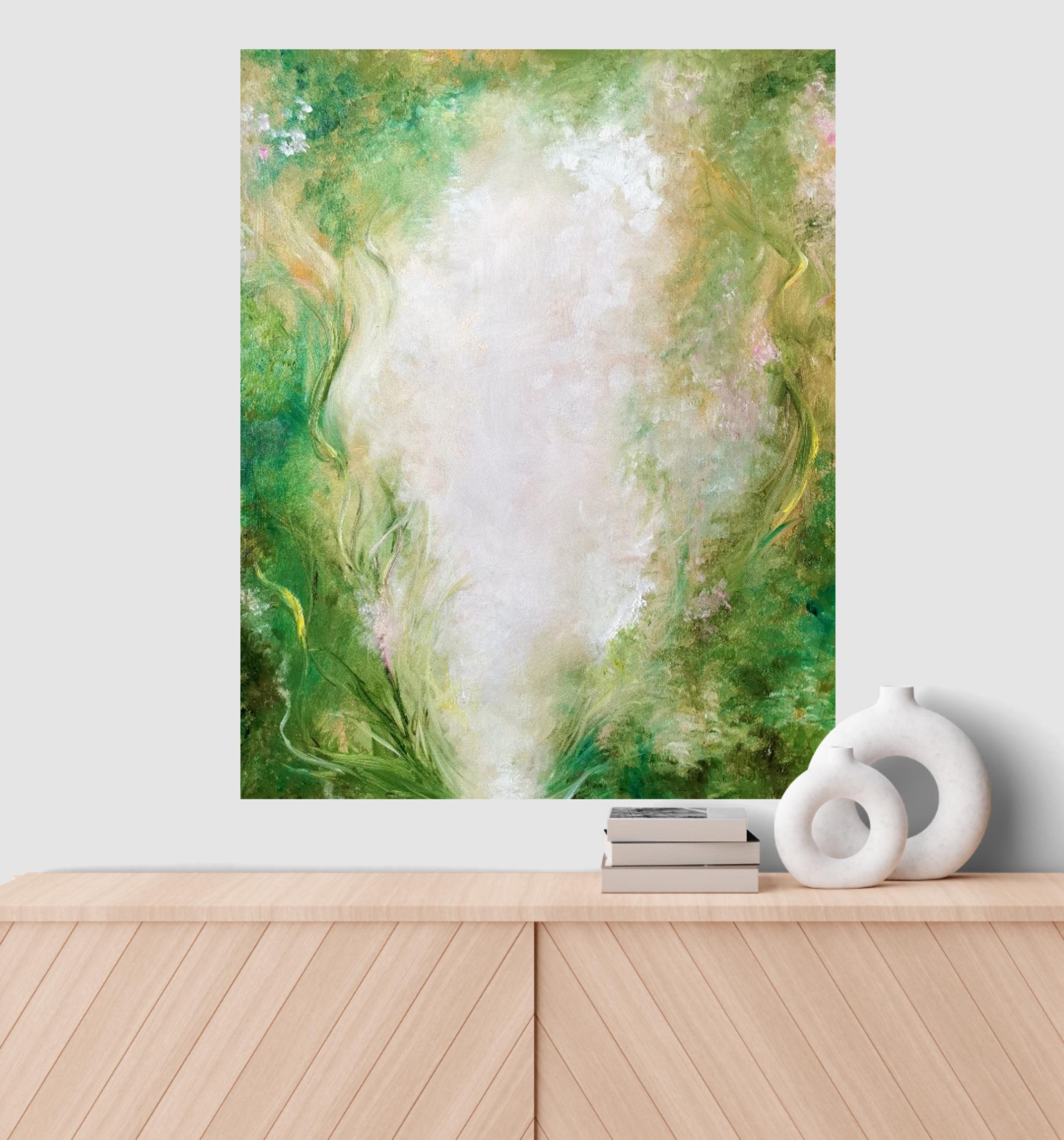 Haven - Green abstract floral painting - Beige Landscape Painting by Jennifer L. Baker