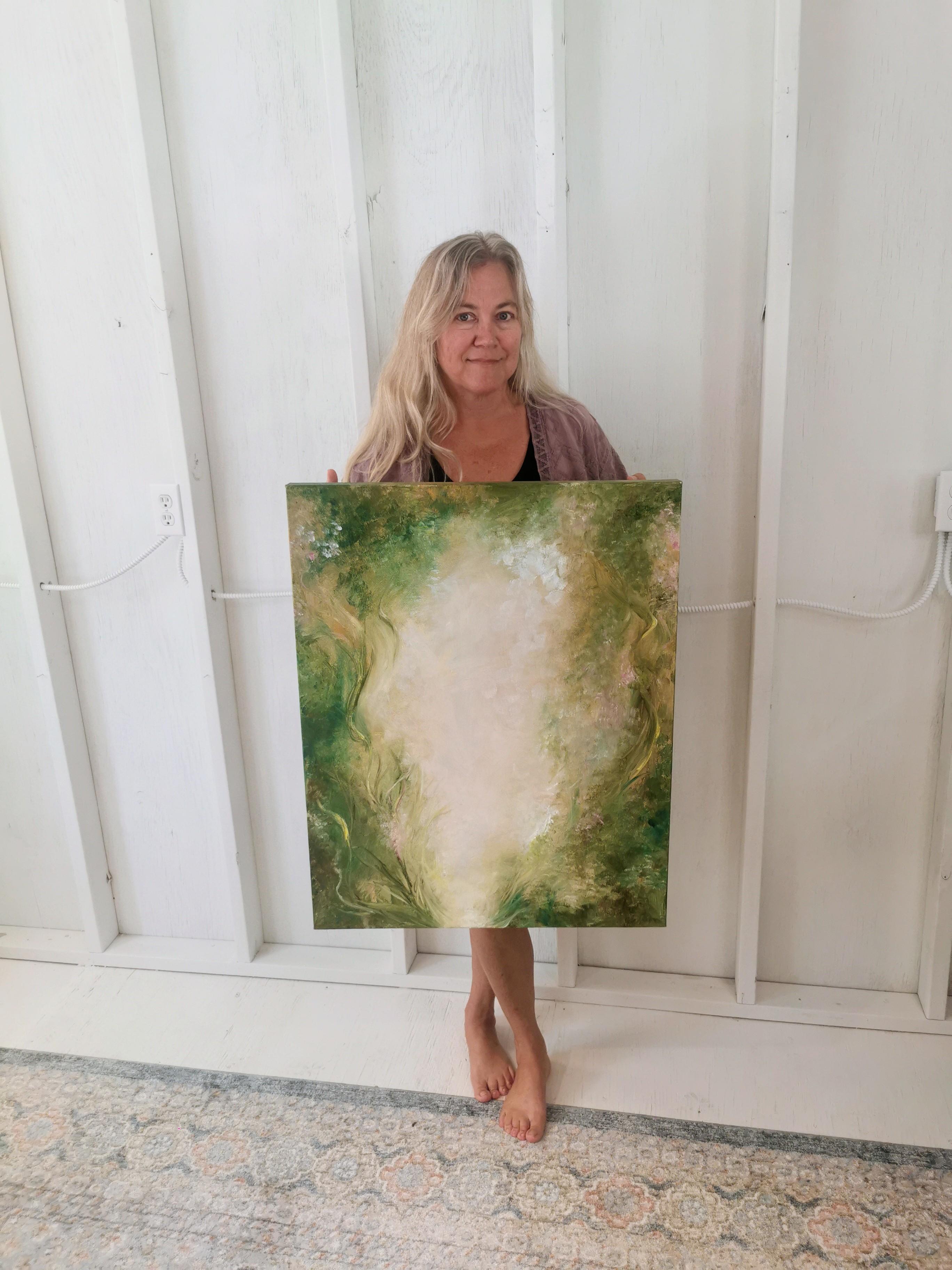 Haven - Green abstract floral painting For Sale 1