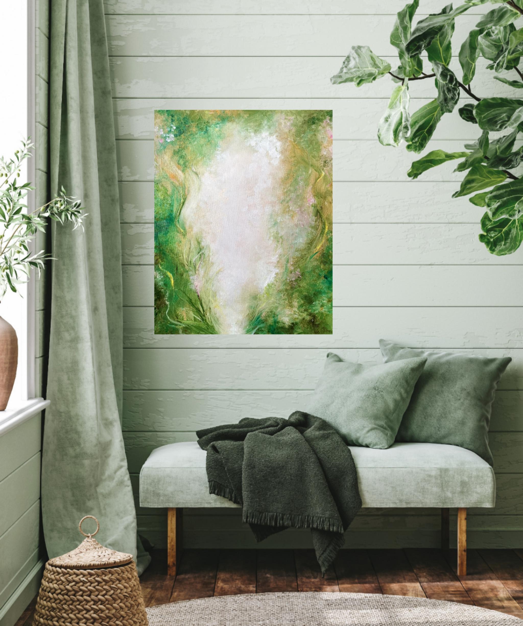 Greene & Greene - Peinture florale abstraite verte en vente 1
