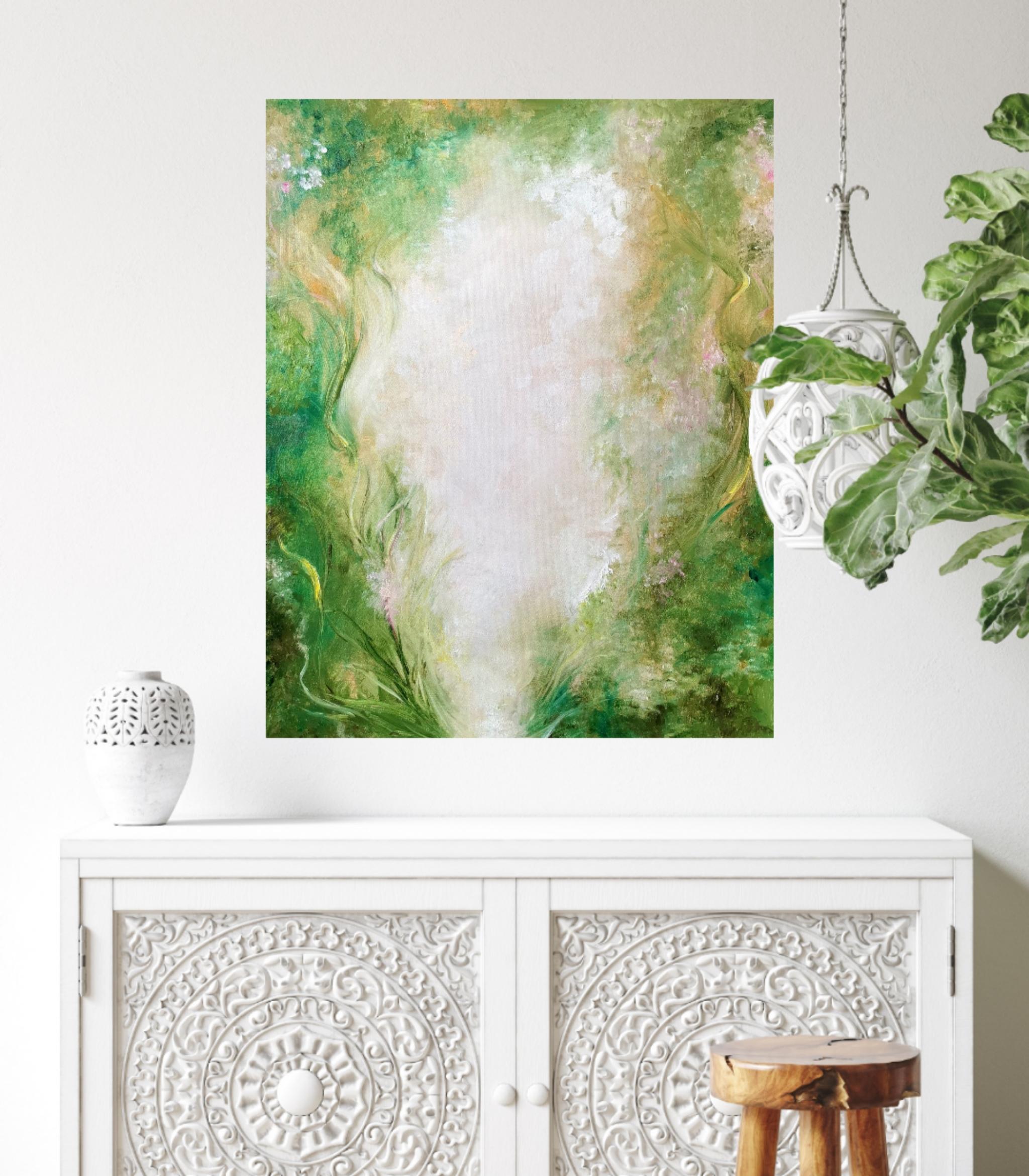 Haven - Green abstract floral painting For Sale 2