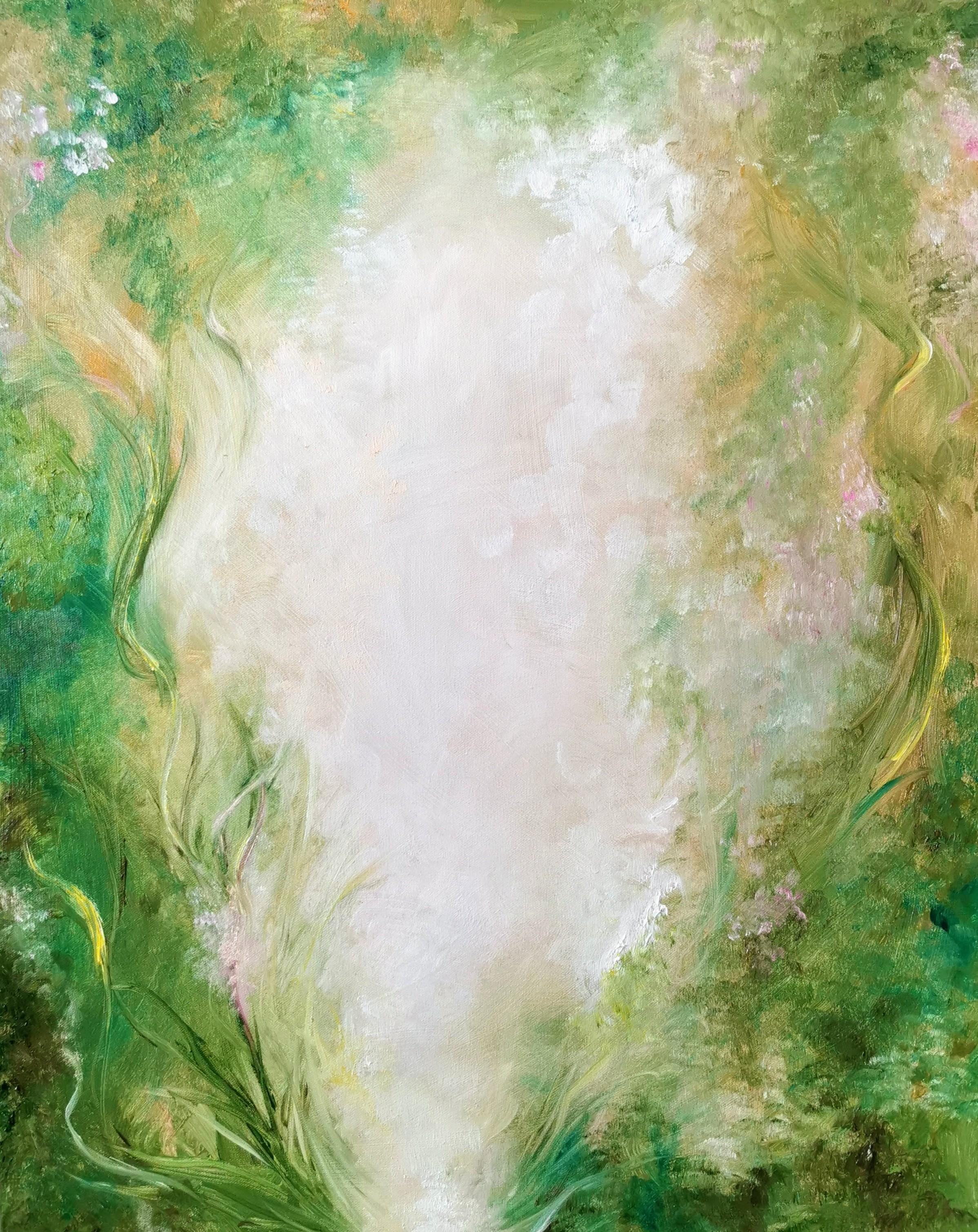 Jennifer L. Baker Landscape Painting - Haven - Green abstract floral painting