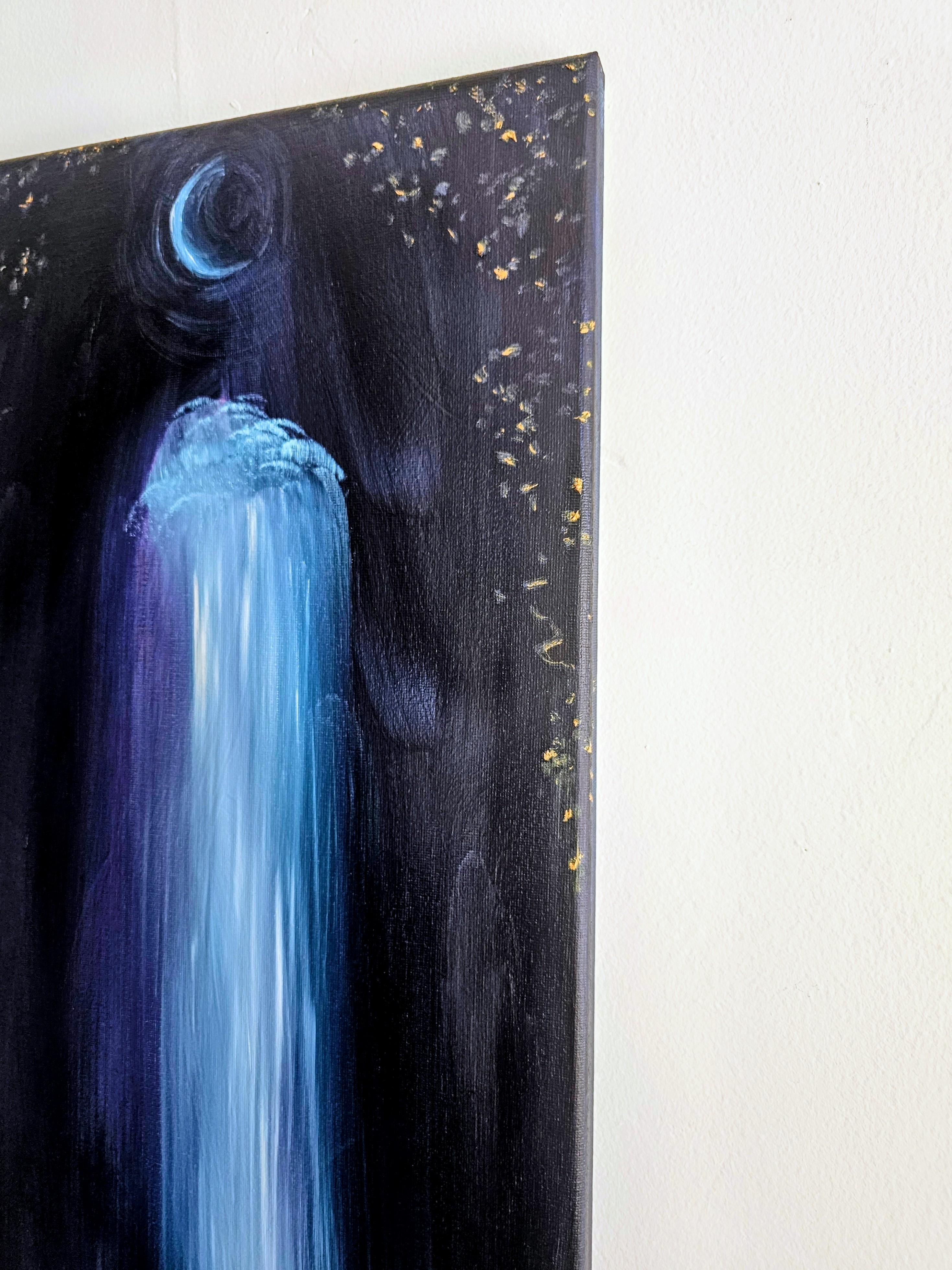 I Am Not Afraid of the Dark - Dramatisches Bild mit Mond, Sternen und Wasserfall im Angebot 6