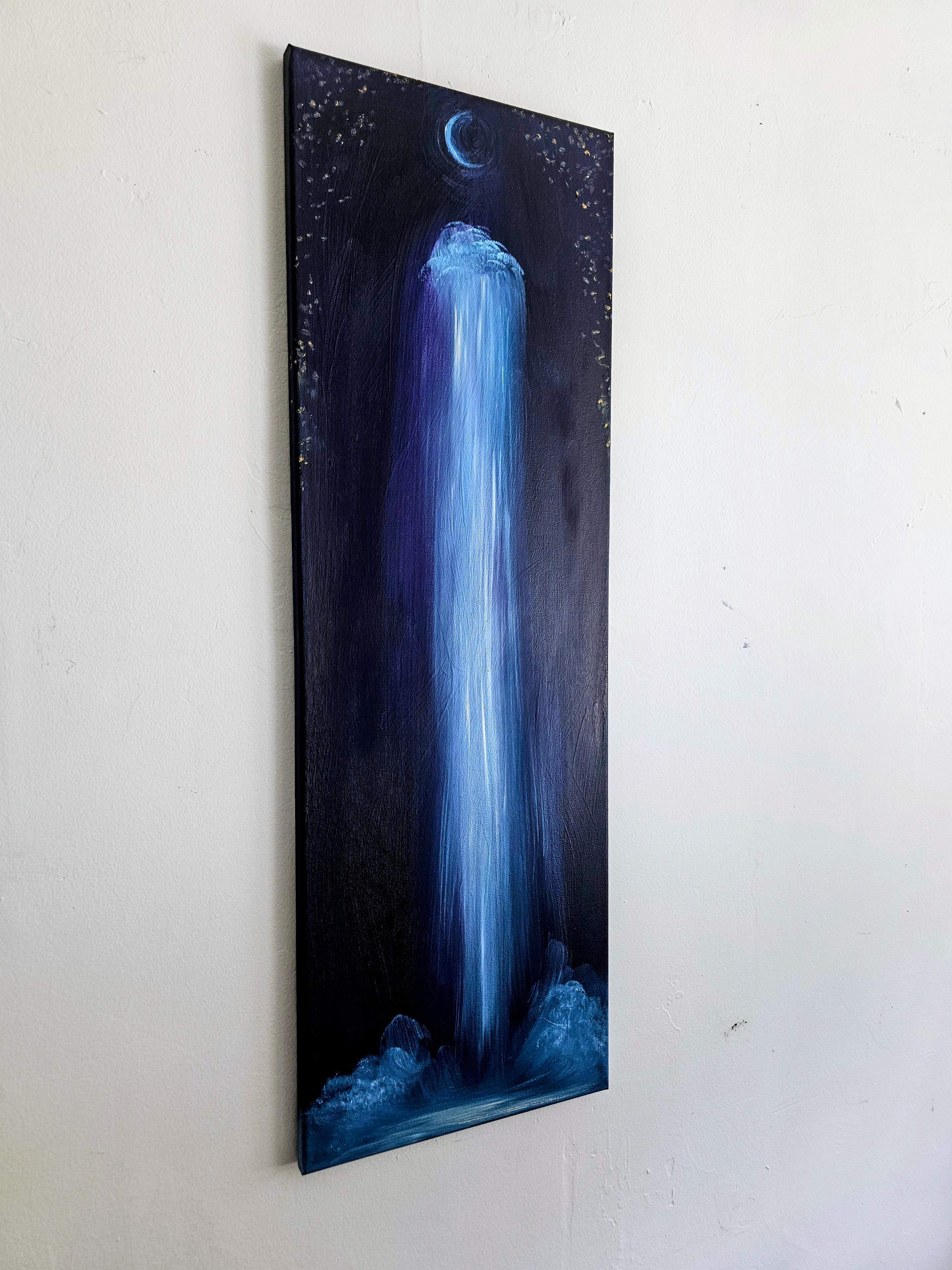 I Am Not Afraid of the Dark - Dramatisches Bild mit Mond, Sternen und Wasserfall im Angebot 8