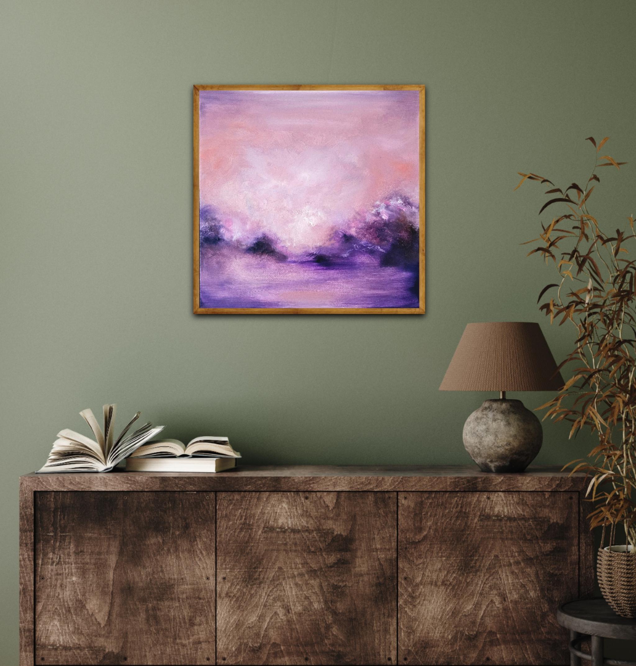 I am on fire - Abstract sunset painting, pink, violet, crimson sky For Sale 6