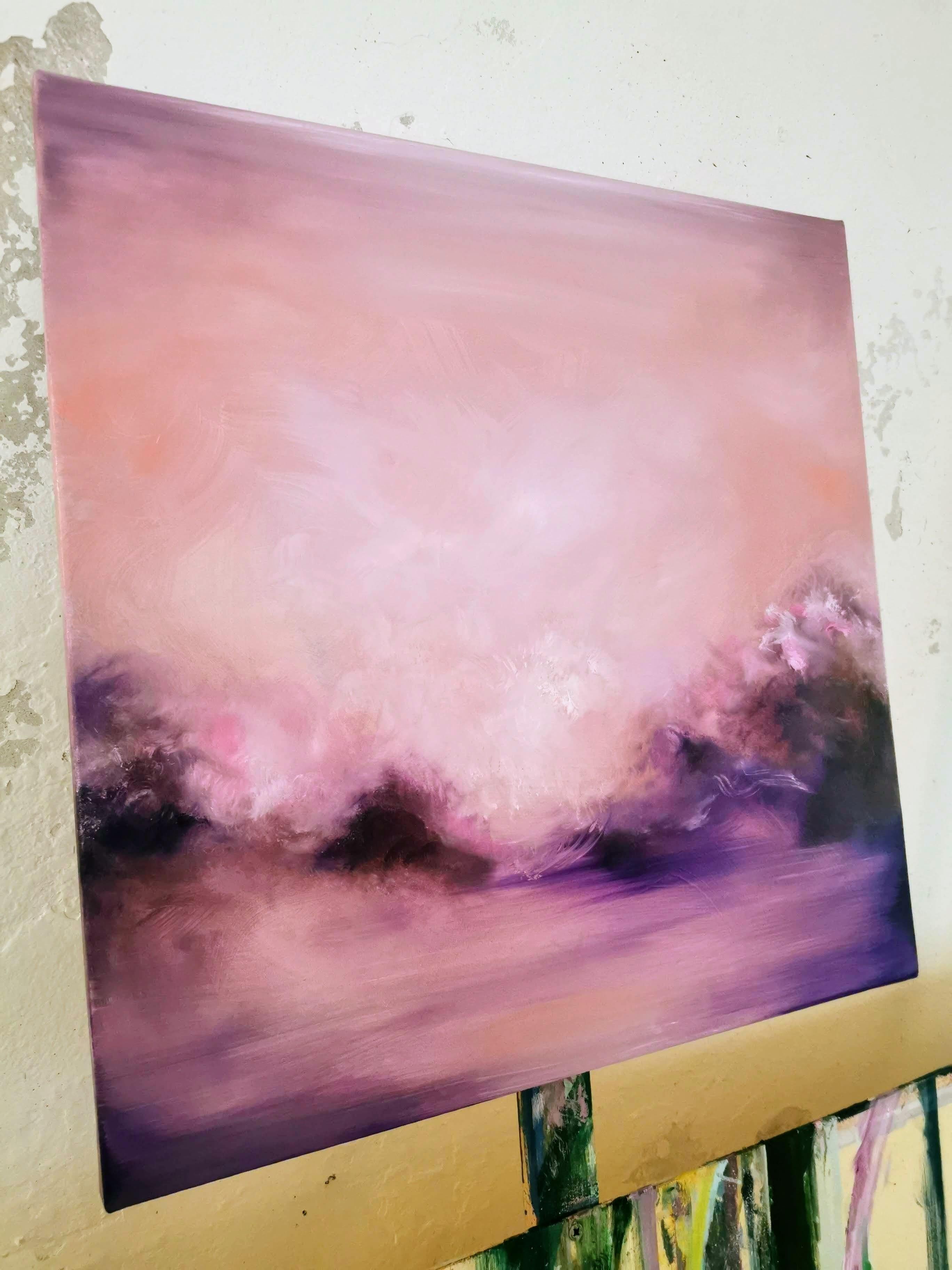 I am on fire - Abstract sunset painting, pink, violet, crimson sky For Sale 10