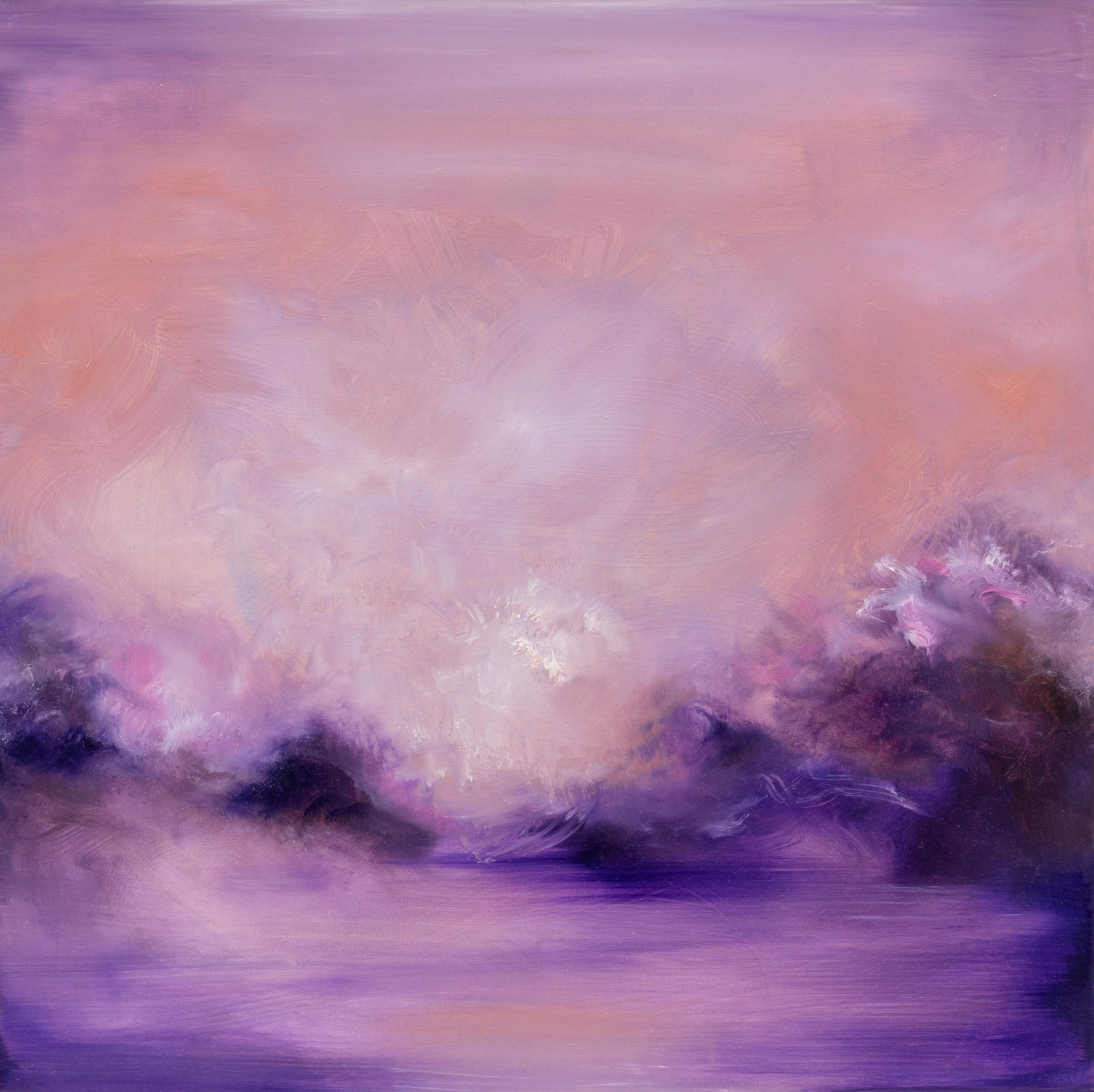 Jennifer L. Baker Abstract Painting - I am on fire - Abstract sunset painting, pink, violet, crimson sky