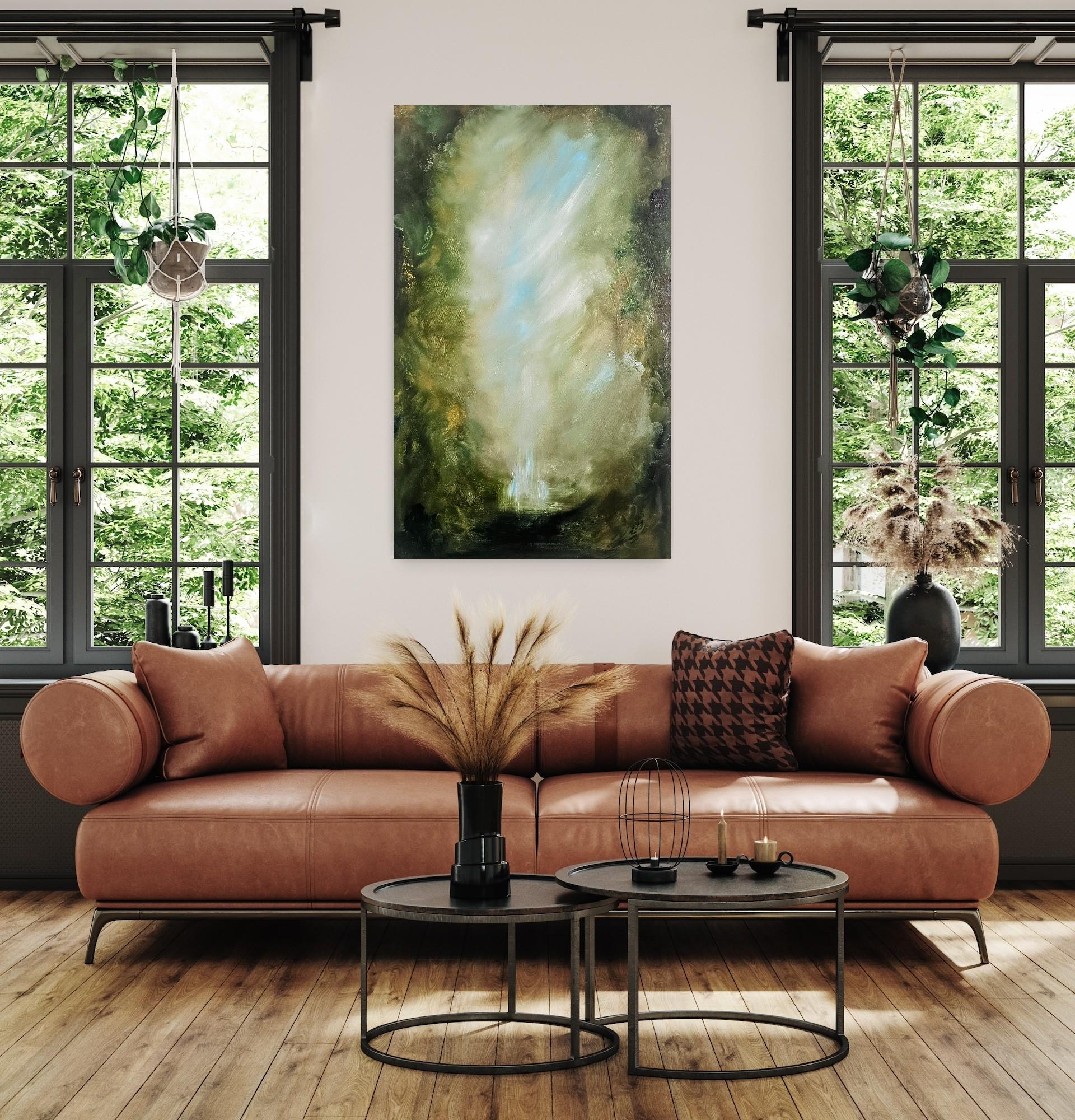 I Awoke Alone in Narnia - Dramatic green abstract landscape nature painting For Sale 6