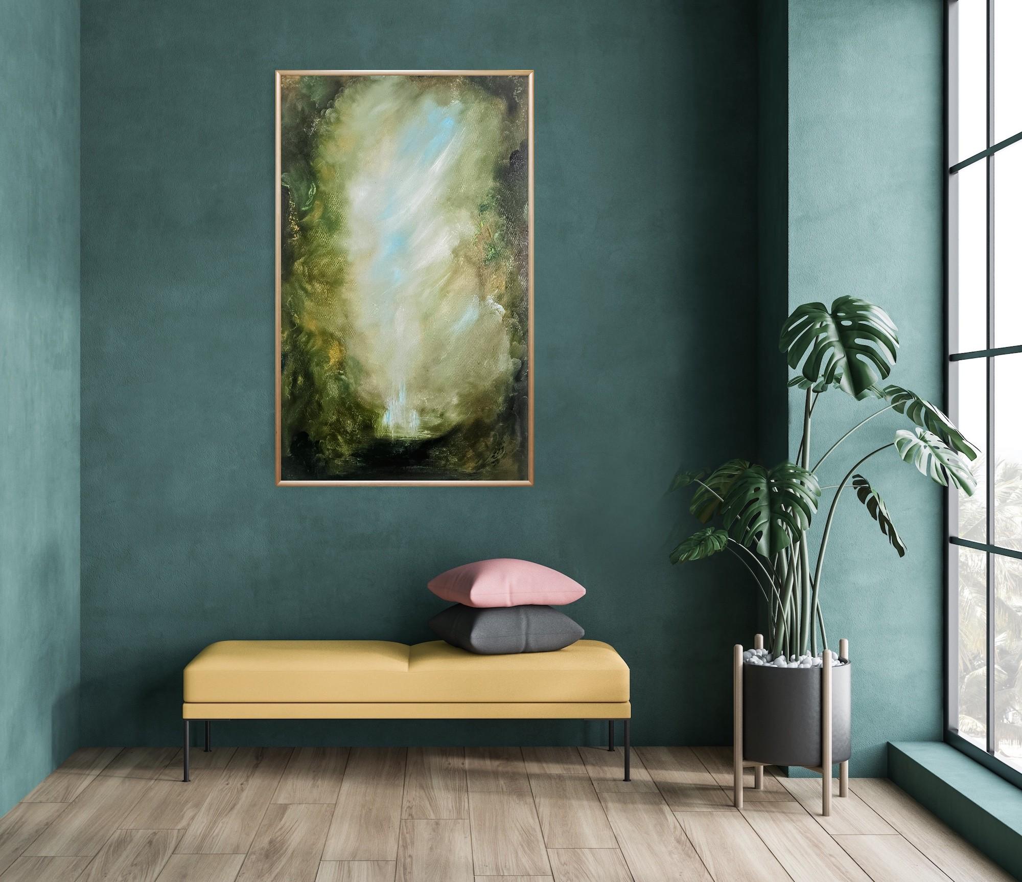 I Awoke Alone in Narnia - Dramatic green abstract landscape nature painting For Sale 7