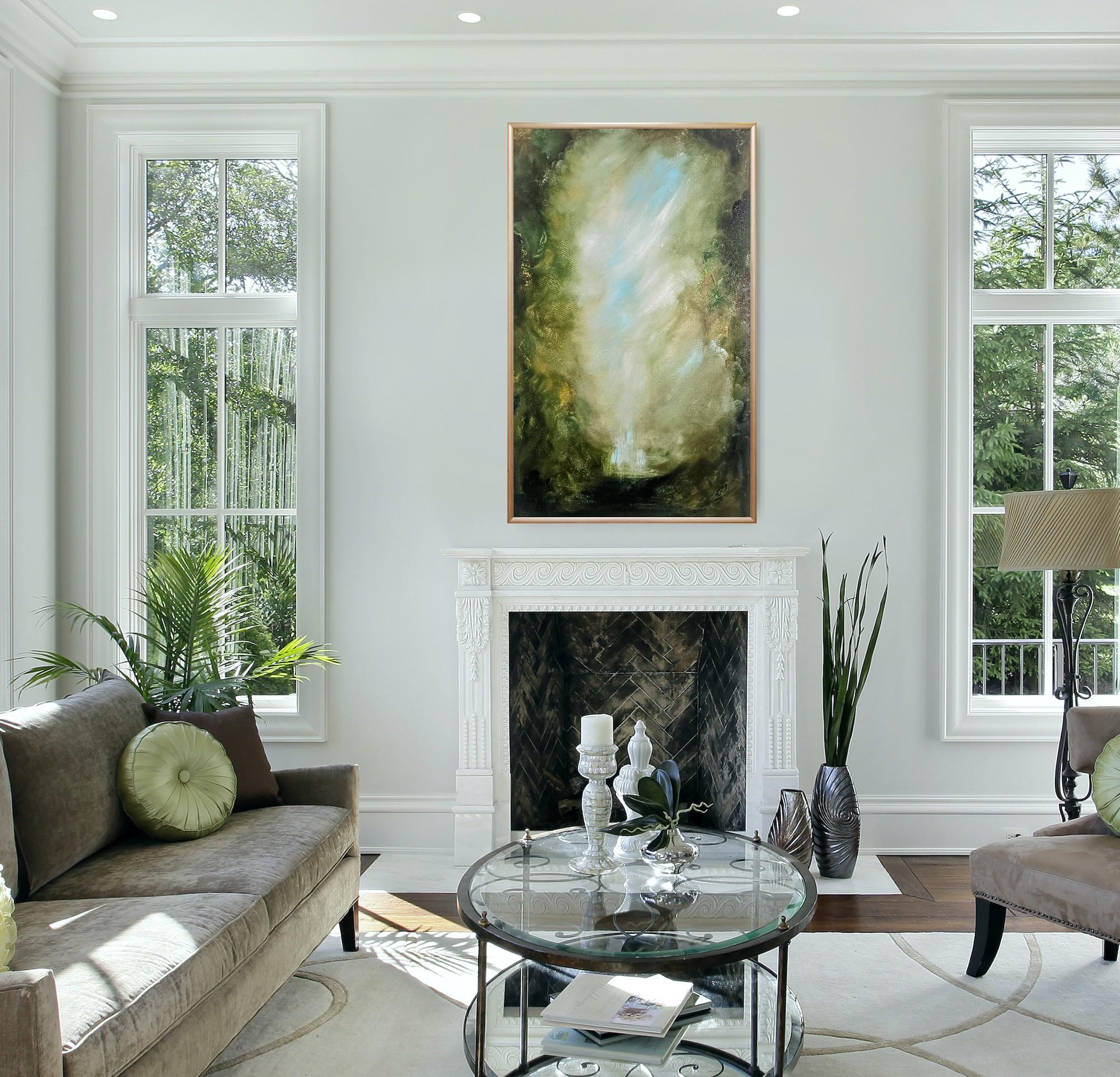 I Awoke Alone in Narnia - Dramatic green abstract landscape nature painting For Sale 11