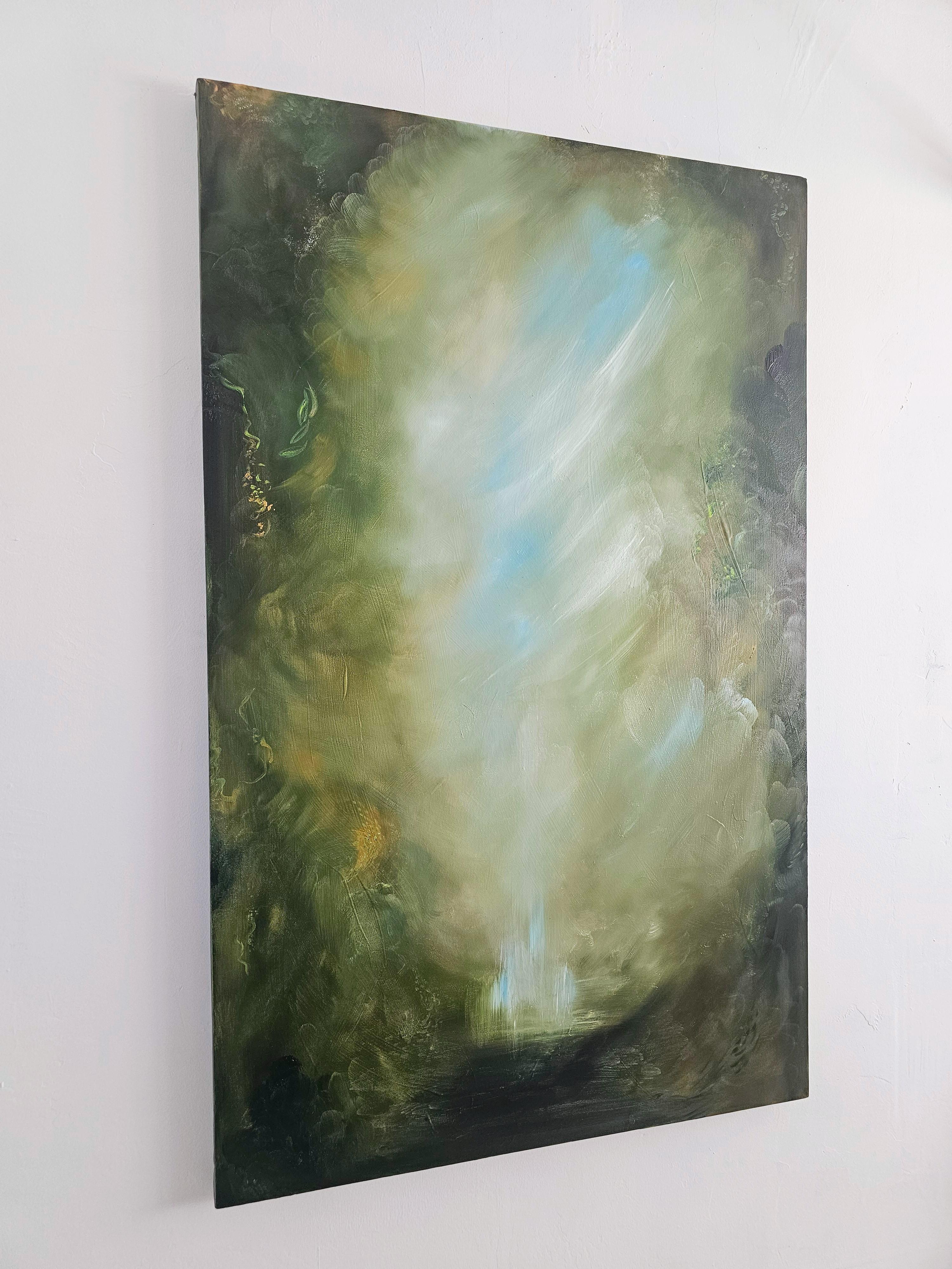 I Awoke Alone in Narnia - Dramatic green abstract landscape nature painting - Painting by Jennifer L. Baker